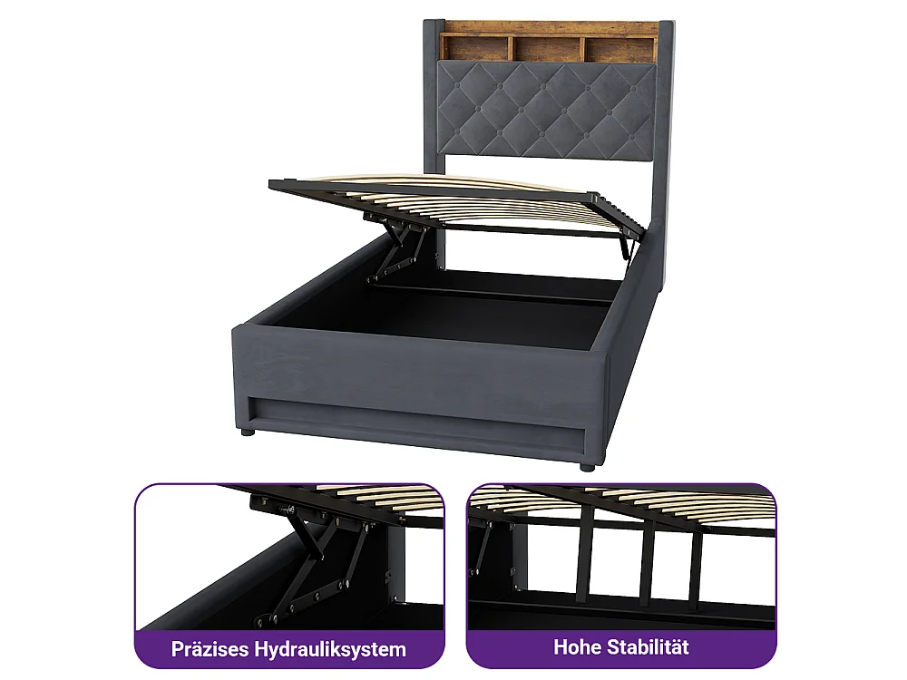 Lit coffre 90x200 cm, velours gris, Lit adulte avec bande lumineuse LED et port de charge USB, sans matelas