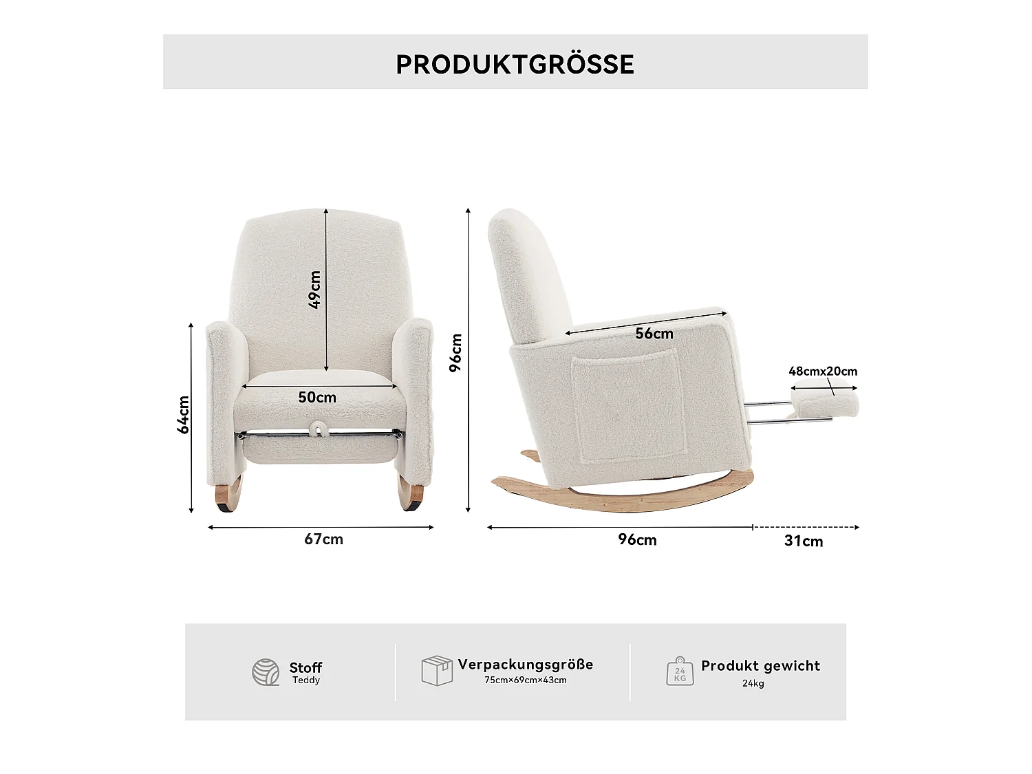Fauteuil à bascule de salon, peluche blanc, fauteuil à bascule avec repose-pieds rétractable, structure en bois