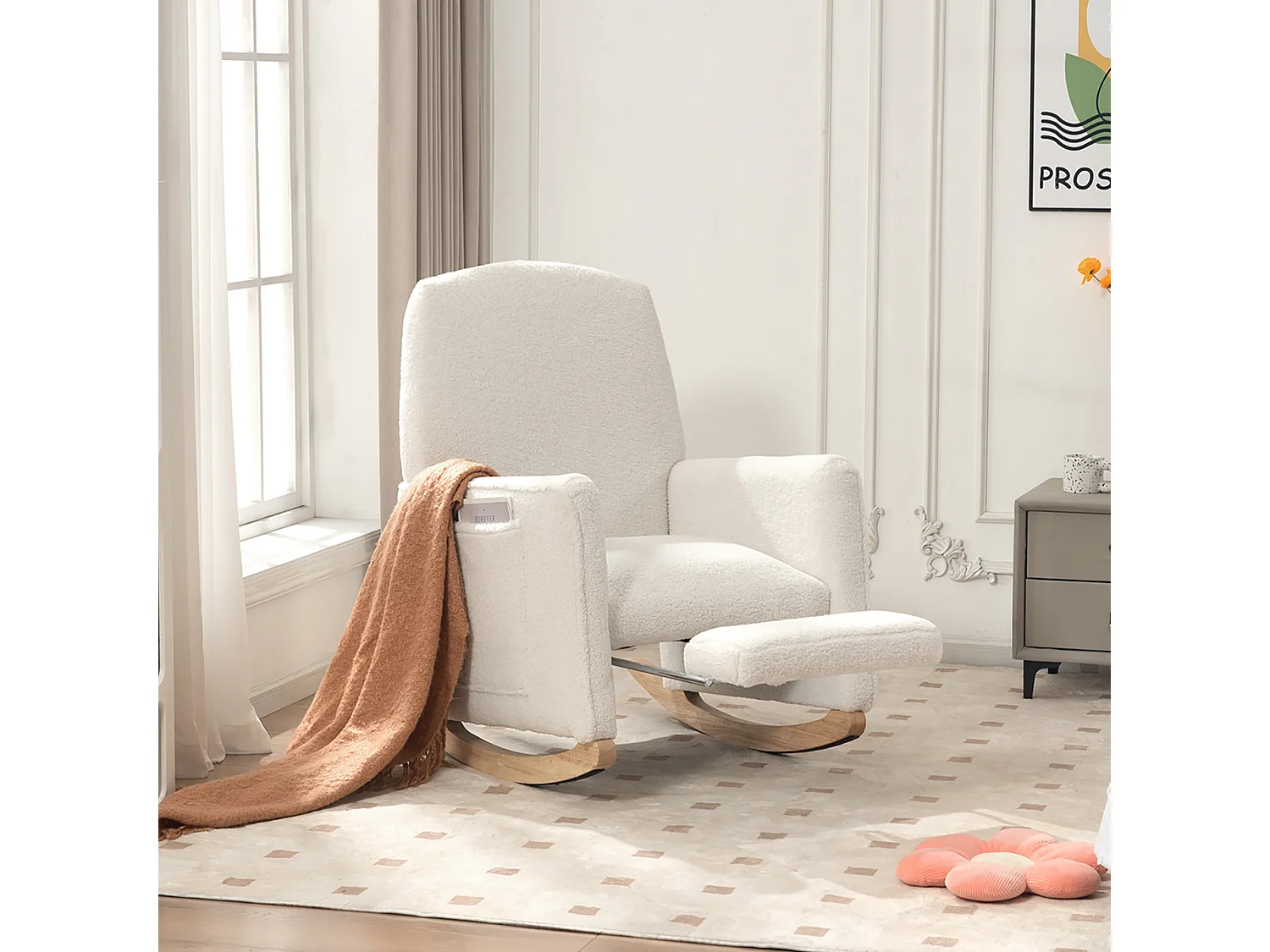 Fauteuil à bascule de salon, peluche blanc, fauteuil à bascule avec repose-pieds rétractable, structure en bois