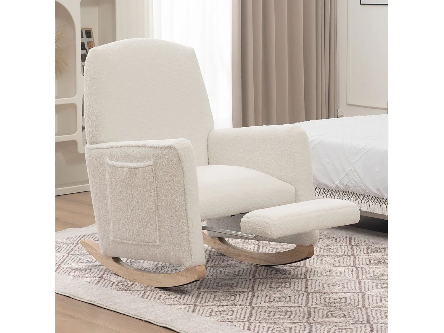 Fauteuil à bascule de salon, peluche blanc, fauteuil à bascule avec repose-pieds rétractable, structure en bois