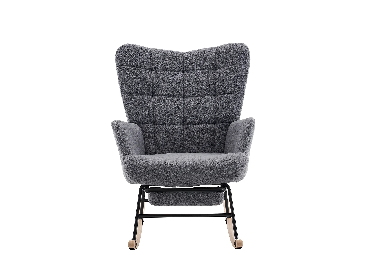Rocking Chair, fauteuil à bascule gris avec structure en fer, repose-pieds, pieds en bois d'hévéa