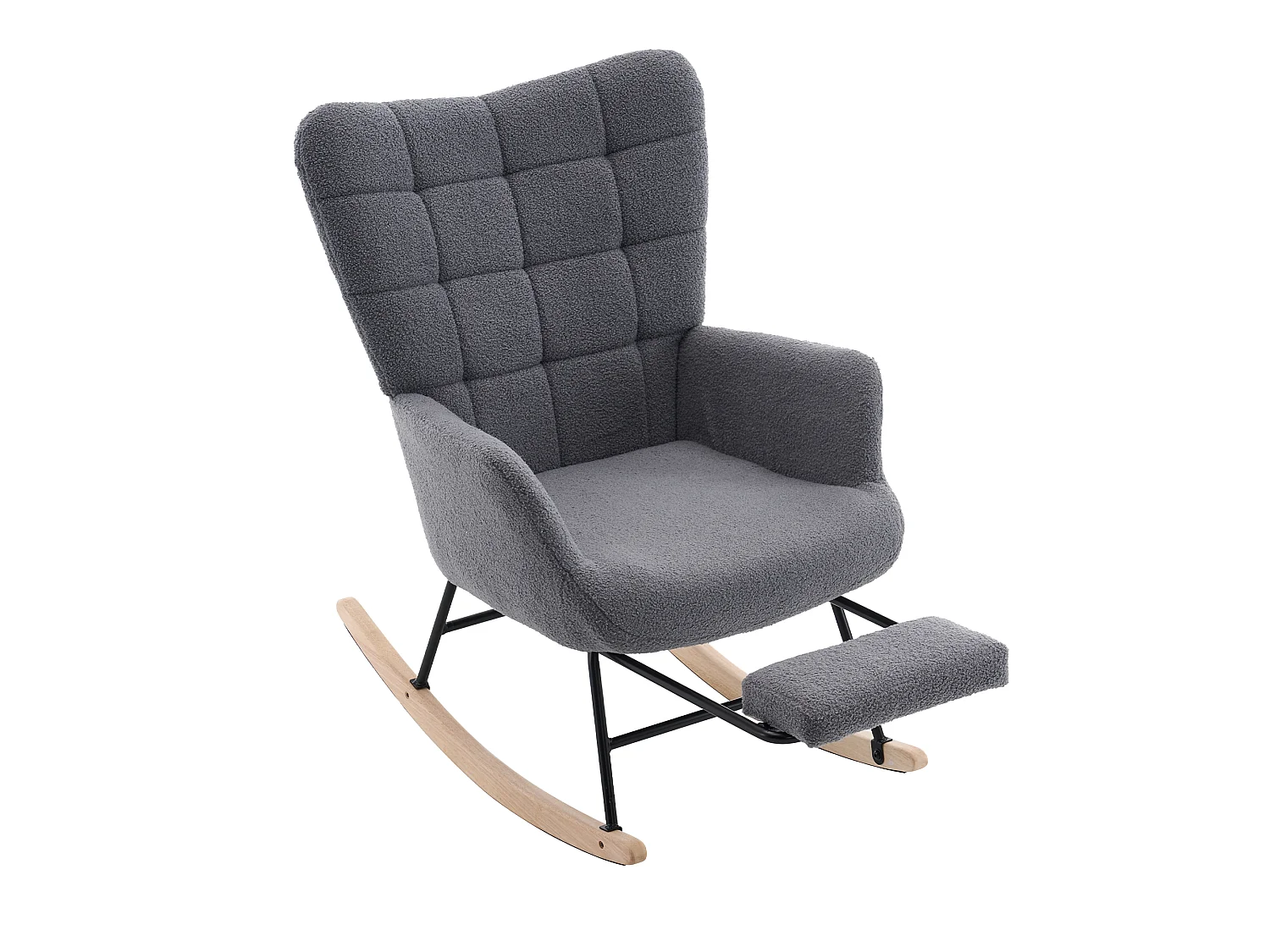 Rocking Chair, fauteuil à bascule gris avec structure en fer, repose-pieds, pieds en bois d'hévéa