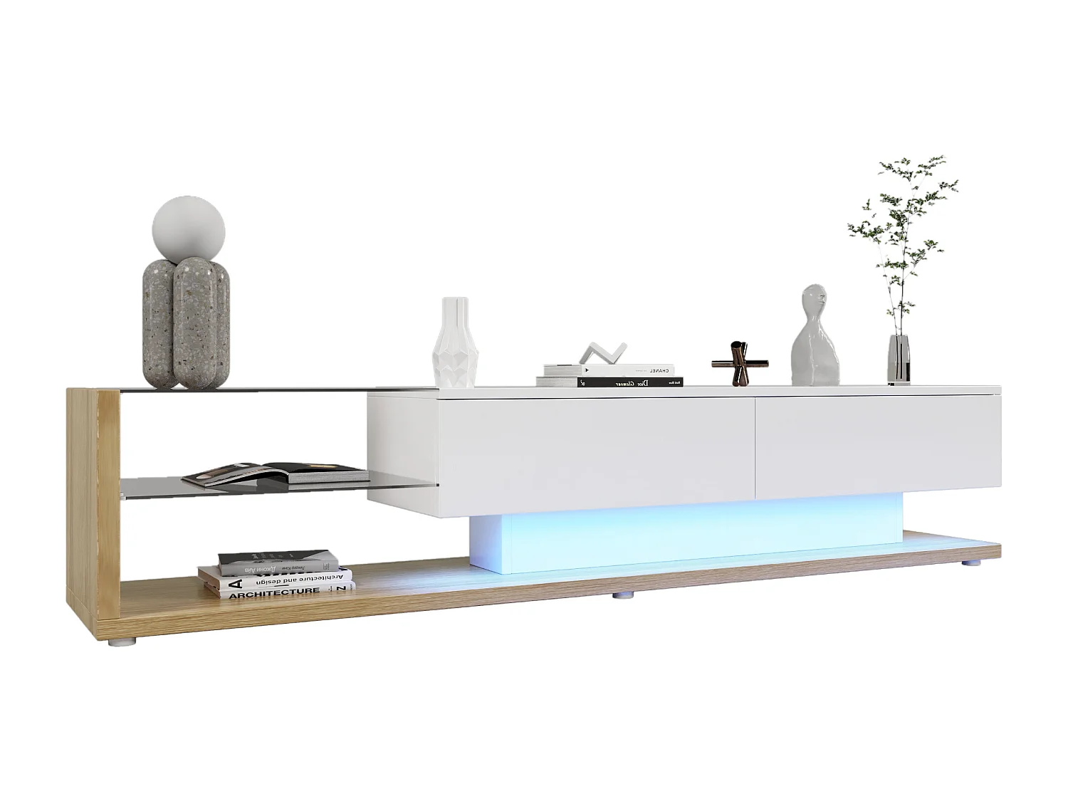 Meuble TV rectangulaire avec 2 tiroirs et éclairage LED couleur réglable - Blanc et bois