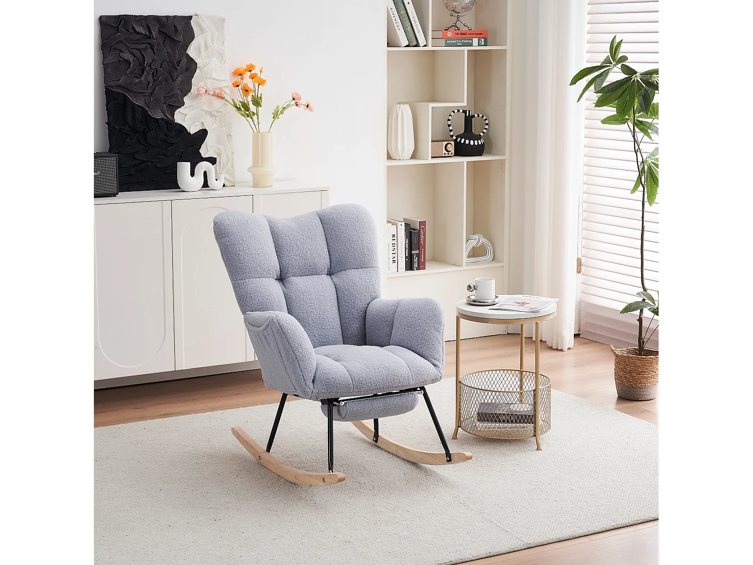 Tapicerowany fotel bujany, plusz, szary fotel bujany z wysuwanym podnóżkiem, metalowa rama