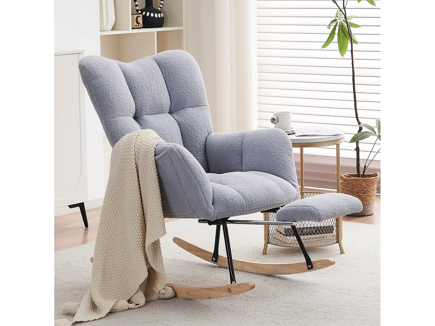 Tapicerowany fotel bujany, plusz, szary fotel bujany z wysuwanym podnóżkiem, metalowa rama