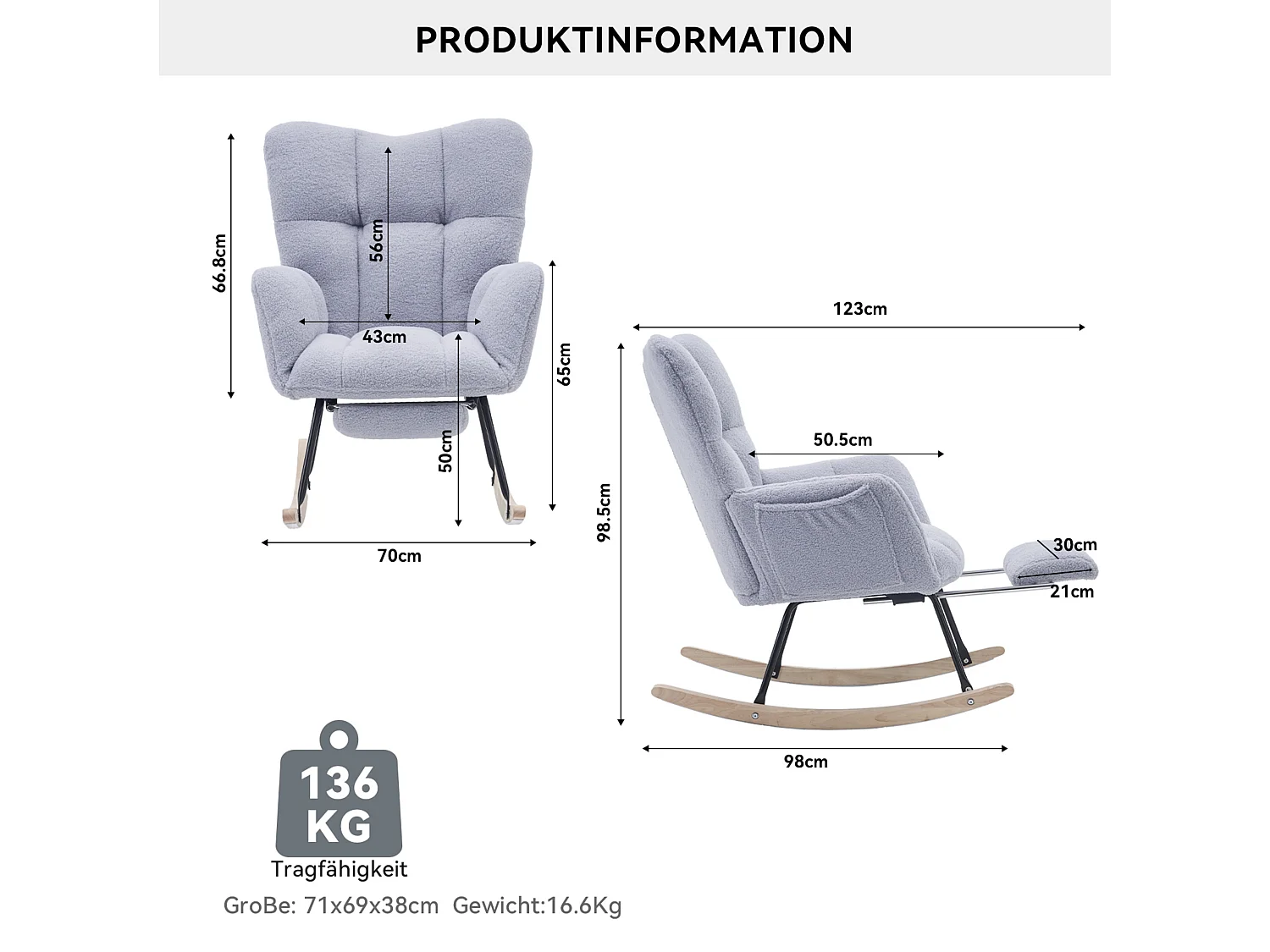Tapicerowany fotel bujany, plusz, szary fotel bujany z wysuwanym podnóżkiem, metalowa rama
