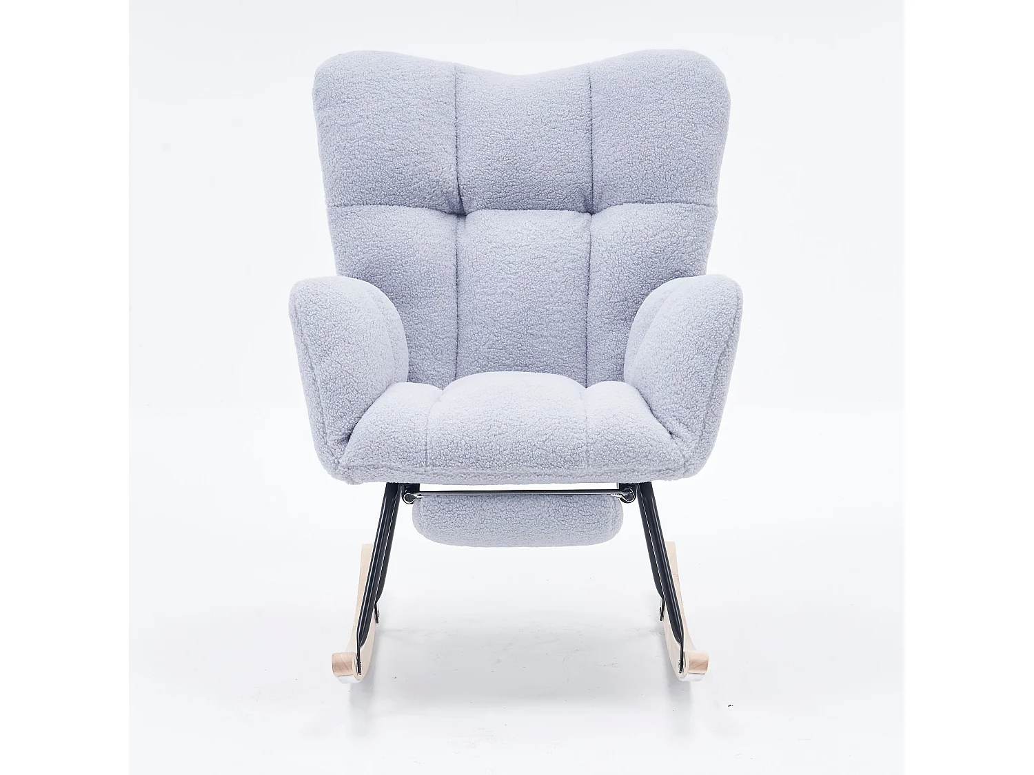 Tapicerowany fotel bujany, plusz, szary fotel bujany z wysuwanym podnóżkiem, metalowa rama