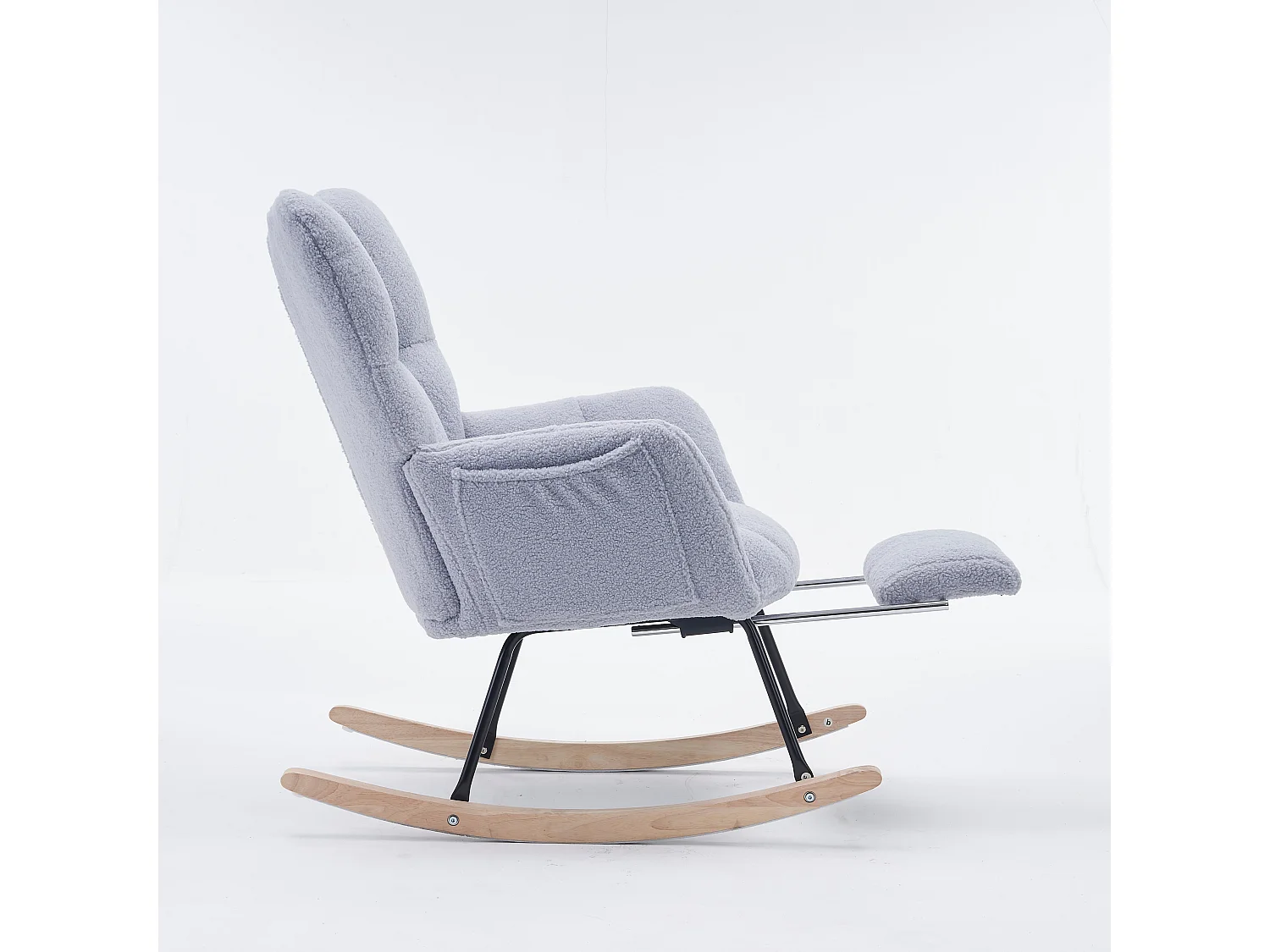 Tapicerowany fotel bujany, plusz, szary fotel bujany z wysuwanym podnóżkiem, metalowa rama