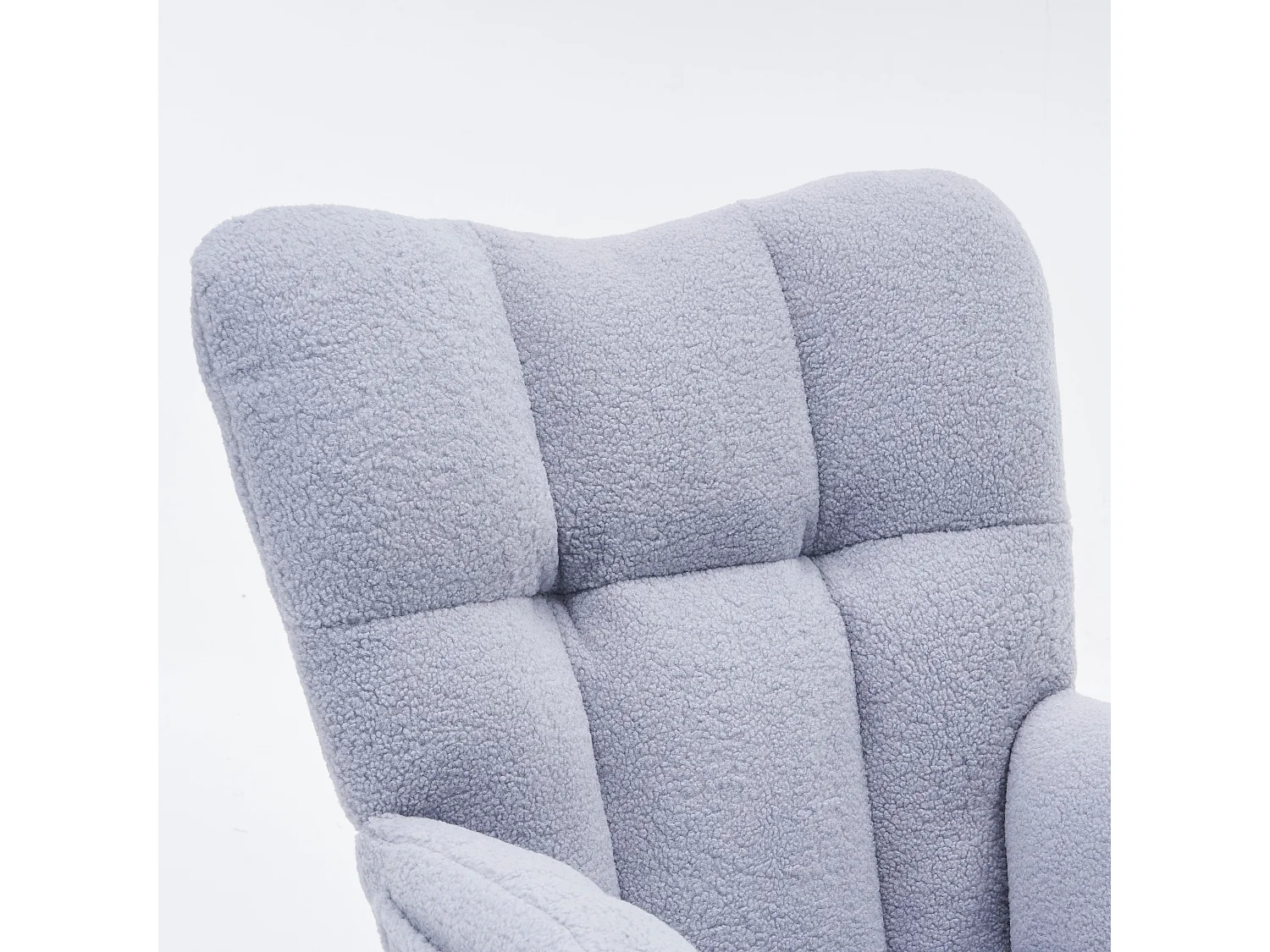 Tapicerowany fotel bujany, plusz, szary fotel bujany z wysuwanym podnóżkiem, metalowa rama