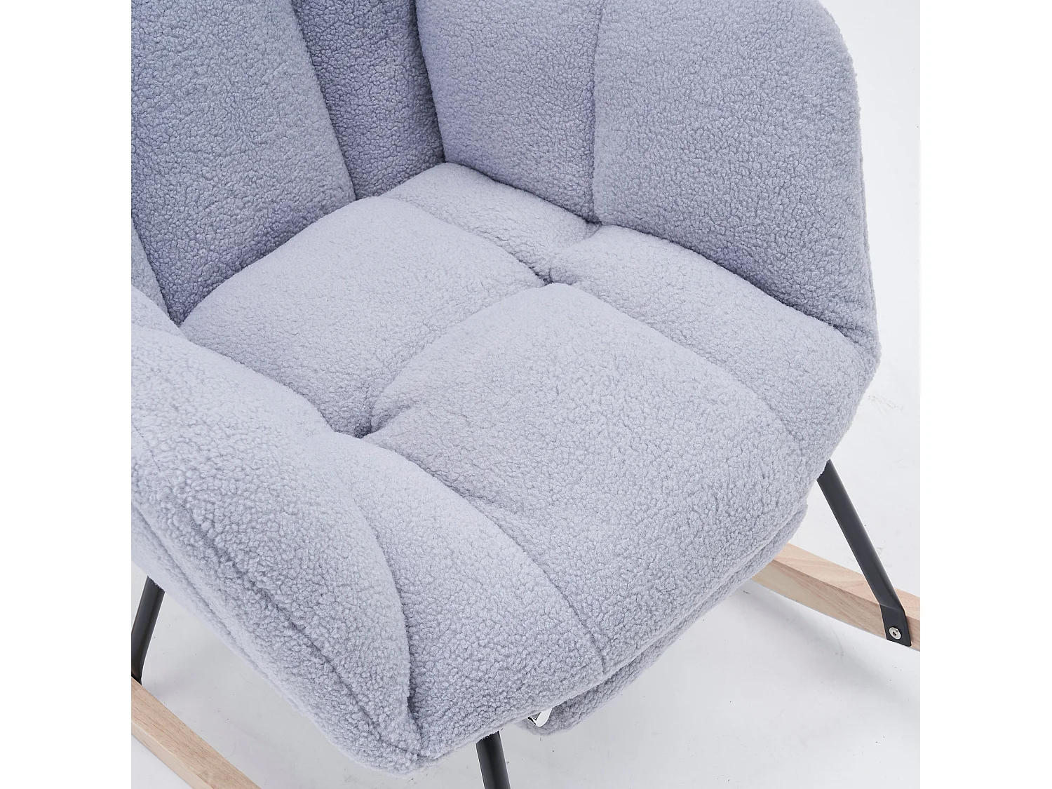 Tapicerowany fotel bujany, plusz, szary fotel bujany z wysuwanym podnóżkiem, metalowa rama