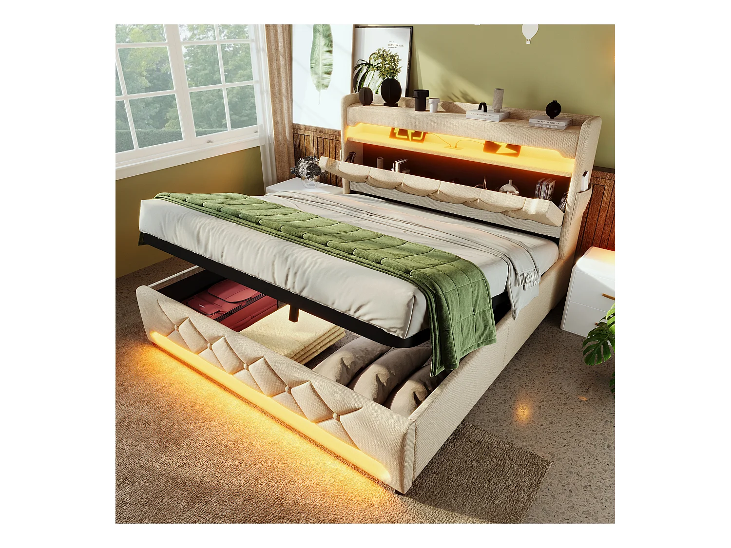 Bed met opbergruimte 160x200 cm, tweepersoonsbed met ledverlichting en USB/Type-C, beige linnen, hydraulische opbergruimte, zonder matras