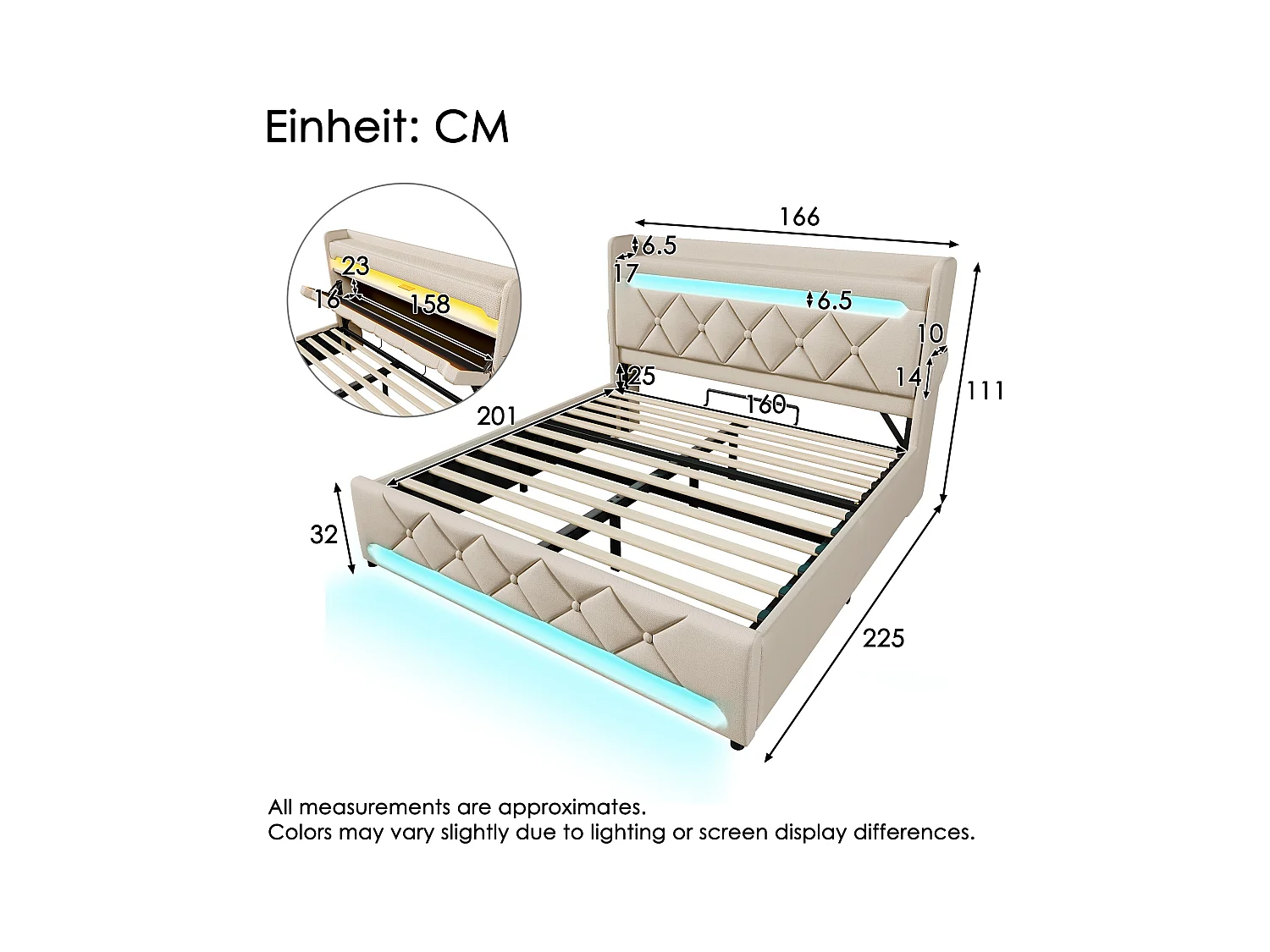 Bed met opbergruimte 160x200 cm, tweepersoonsbed met ledverlichting en USB/Type-C, beige linnen, hydraulische opbergruimte, zonder matras