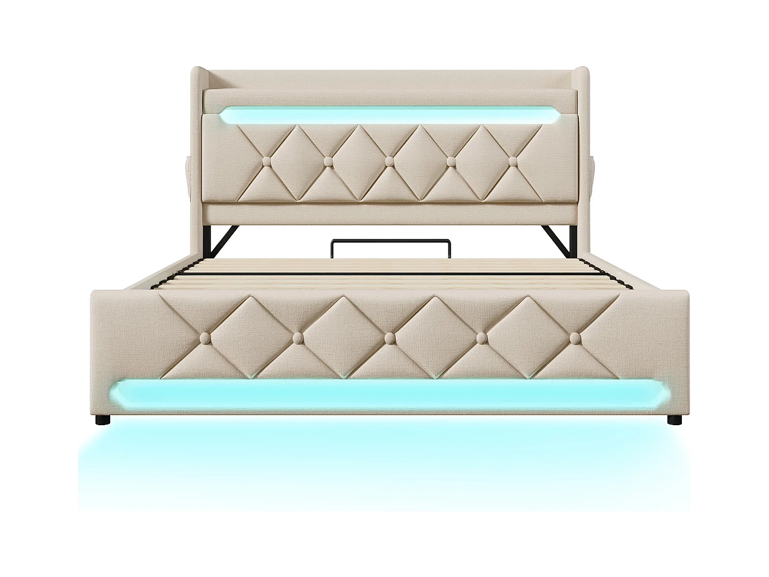 Bed met opbergruimte 160x200 cm, tweepersoonsbed met ledverlichting en USB/Type-C, beige linnen, hydraulische opbergruimte, zonder matras