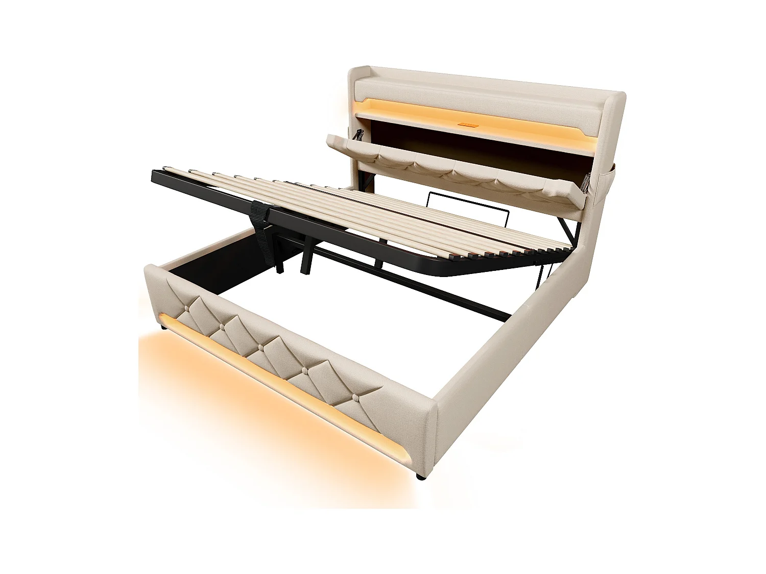 Bed met opbergruimte 160x200 cm, tweepersoonsbed met ledverlichting en USB/Type-C, beige linnen, hydraulische opbergruimte, zonder matras