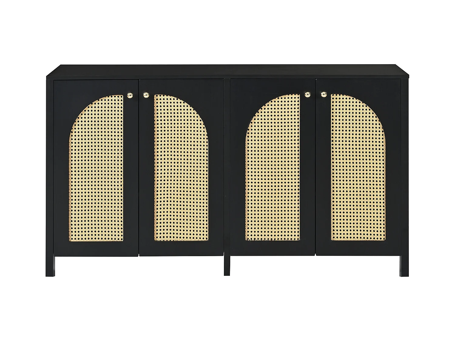 Buffet noir avec 4 portes en rotin et étagères réglables, 140x80x40 cm