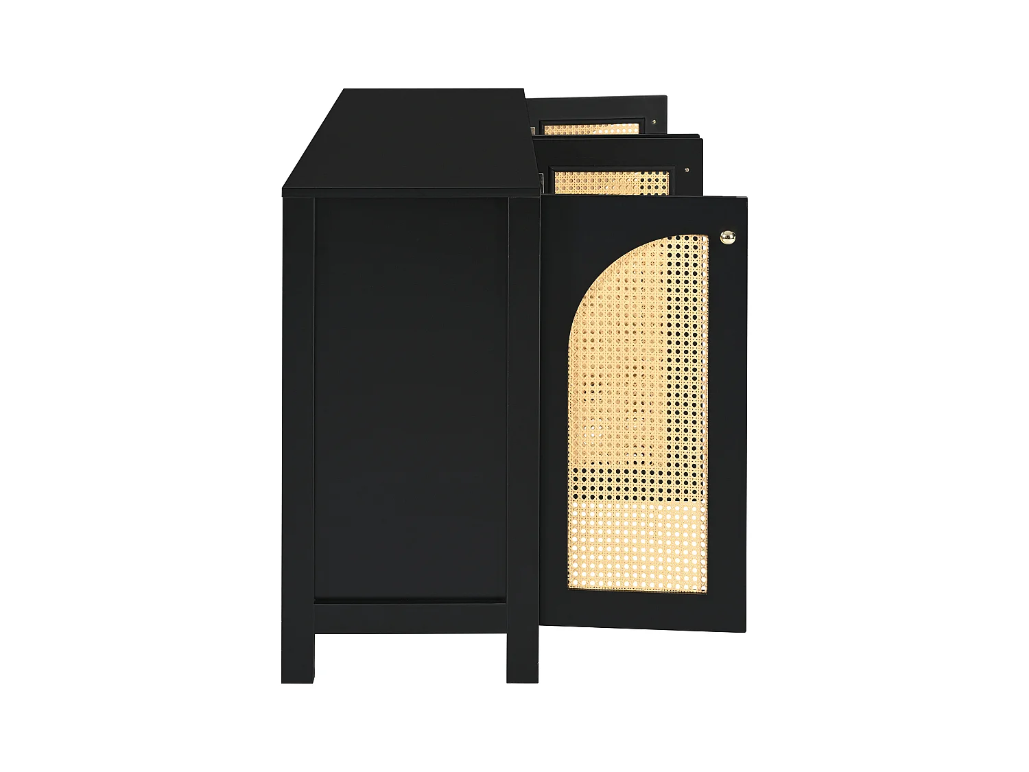 Buffet noir avec 4 portes en rotin et étagères réglables, 140x80x40 cm