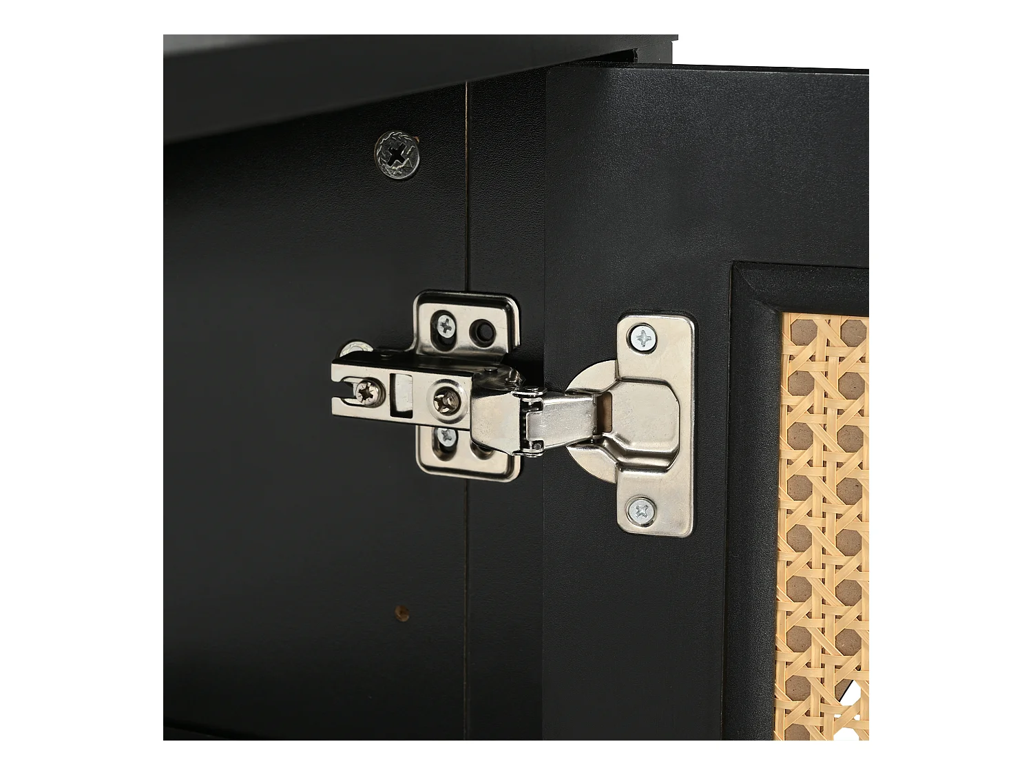 Buffet noir avec 4 portes en rotin et étagères réglables, 140x80x40 cm