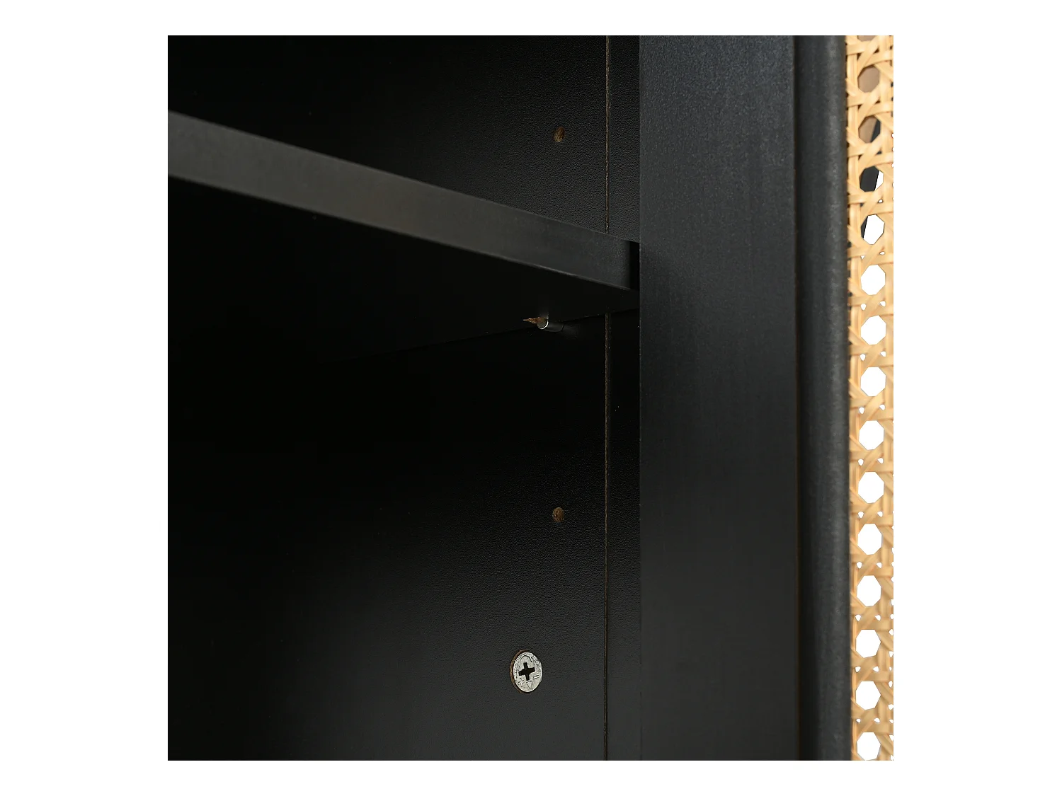 Buffet noir avec 4 portes en rotin et étagères réglables, 140x80x40 cm