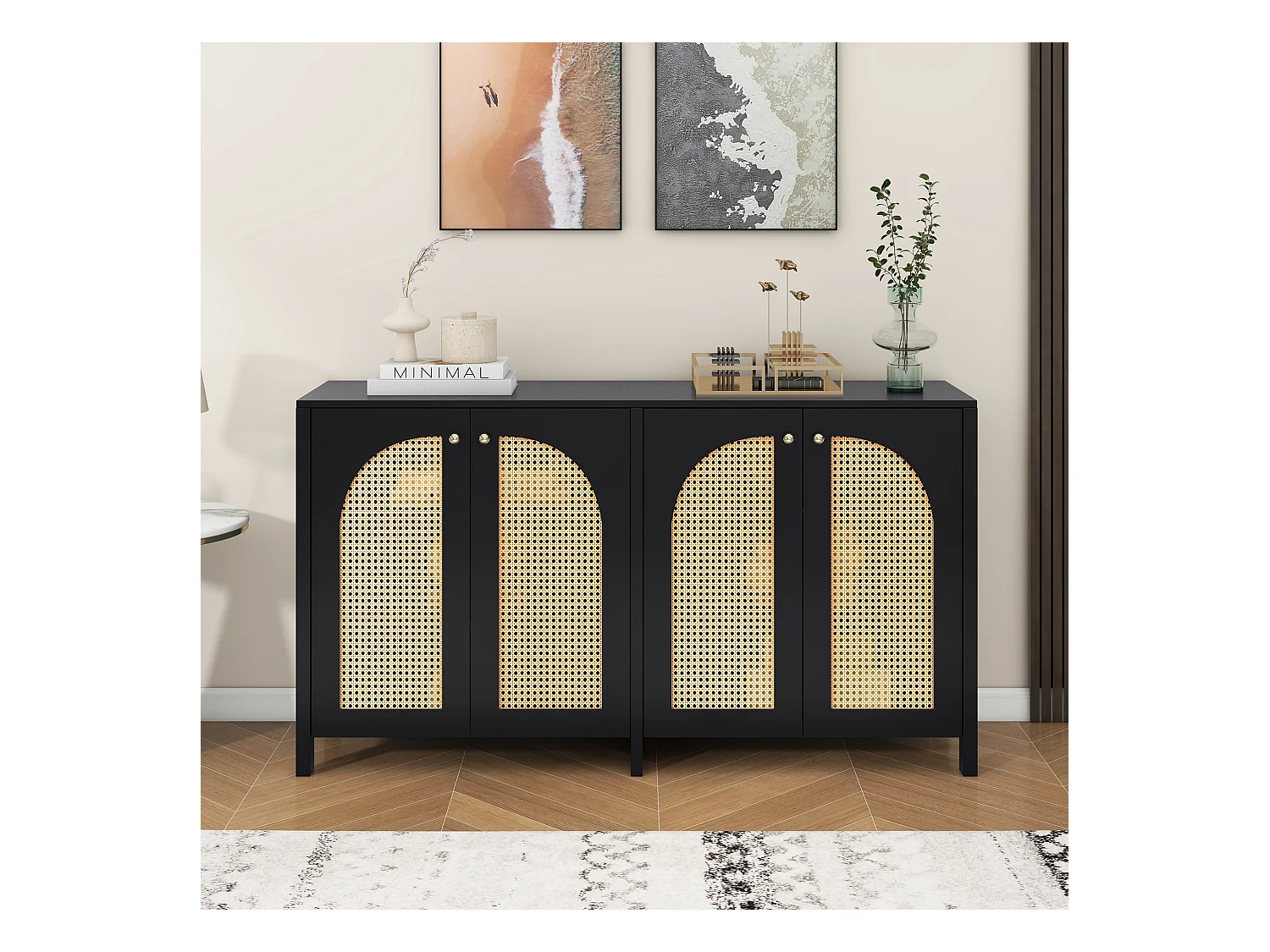 Buffet noir avec 4 portes en rotin et étagères réglables, 140x80x40 cm