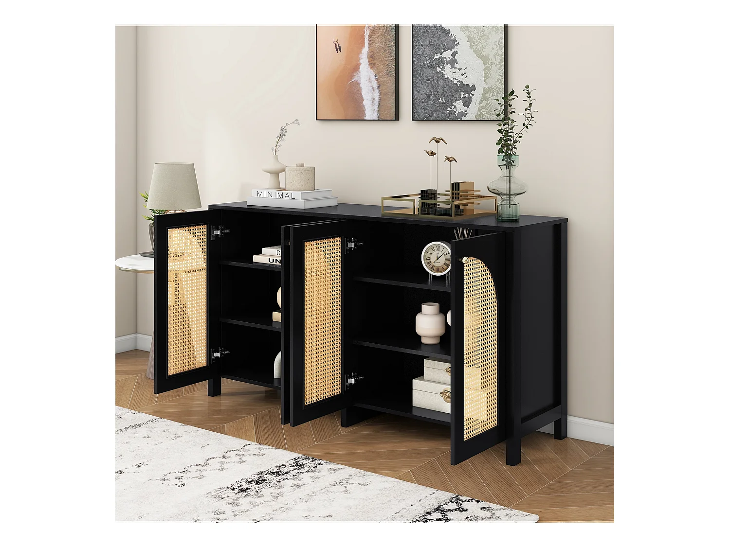 Schwarzes Sideboard mit 4 Rattantüren und verstellbaren Einlegeböden, Metallgriffe, für Wohn- und Esszimmer