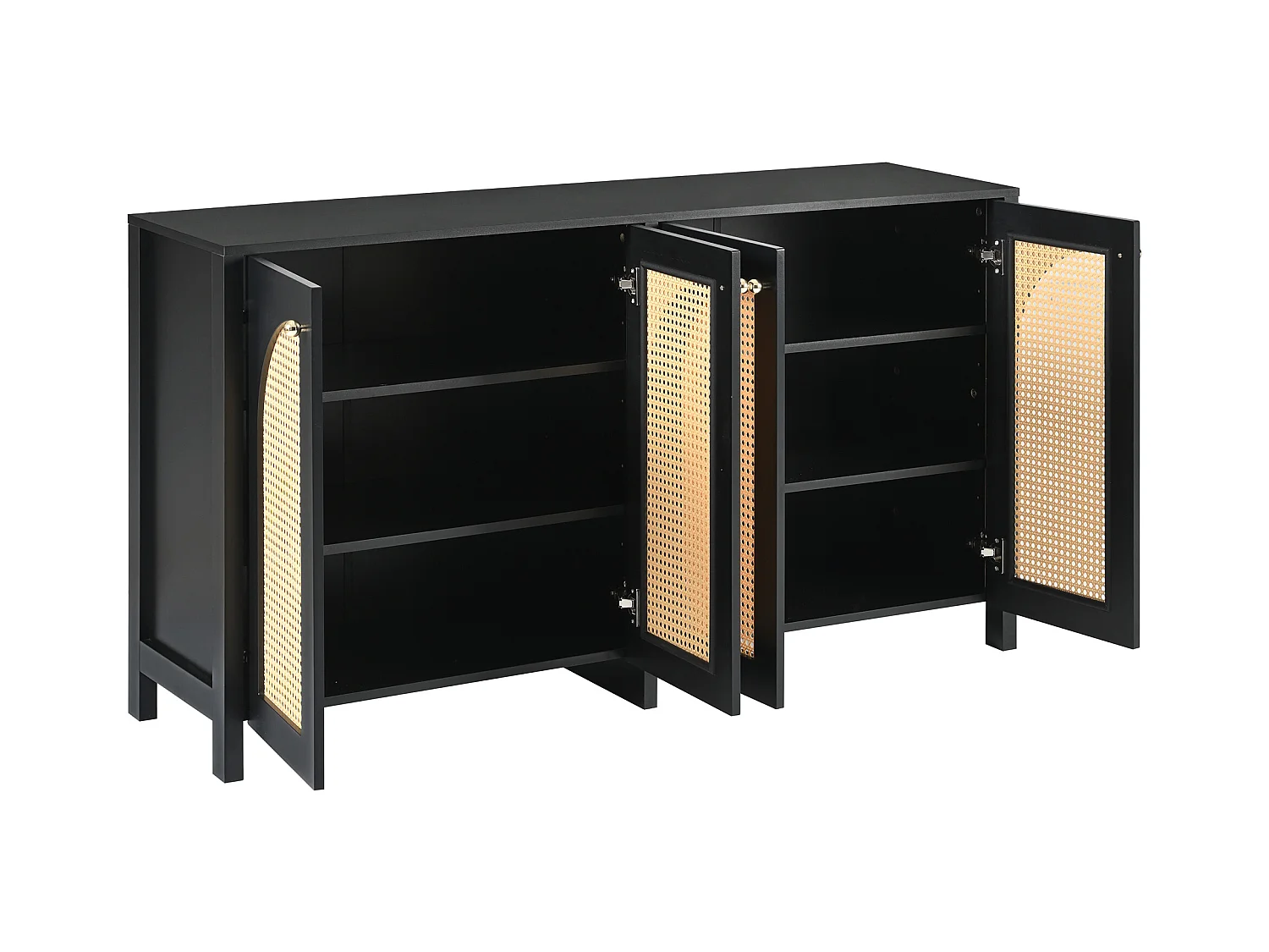 Schwarzes Sideboard mit 4 Rattantüren und verstellbaren Einlegeböden, Metallgriffe, für Wohn- und Esszimmer
