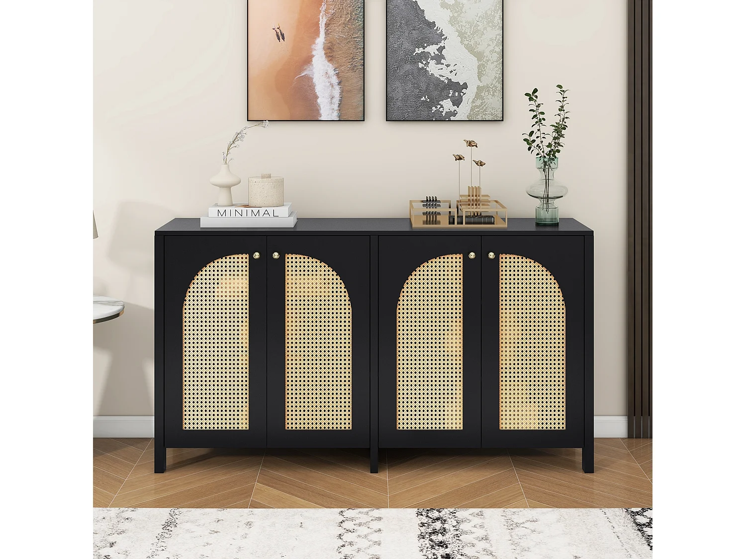 Schwarzes Sideboard mit 4 Rattantüren und verstellbaren Einlegeböden, Metallgriffe, für Wohn- und Esszimmer