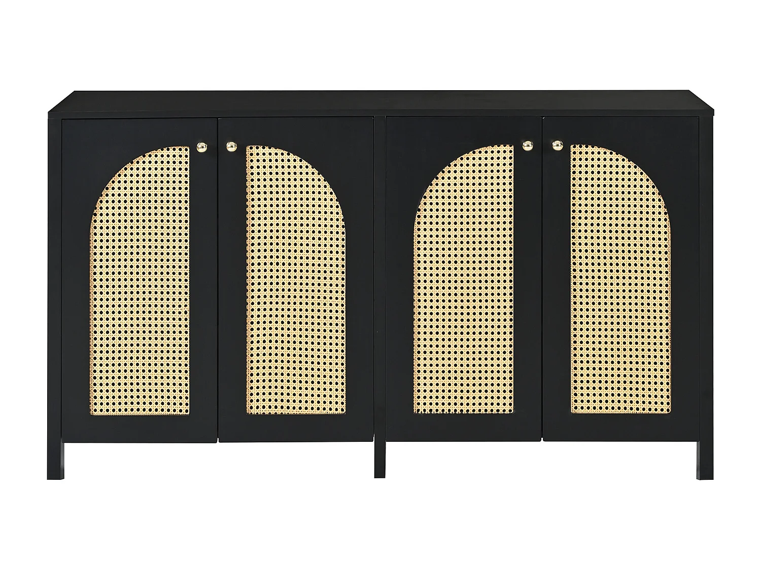 Schwarzes Sideboard mit 4 Rattantüren und verstellbaren Einlegeböden, Metallgriffe, für Wohn- und Esszimmer