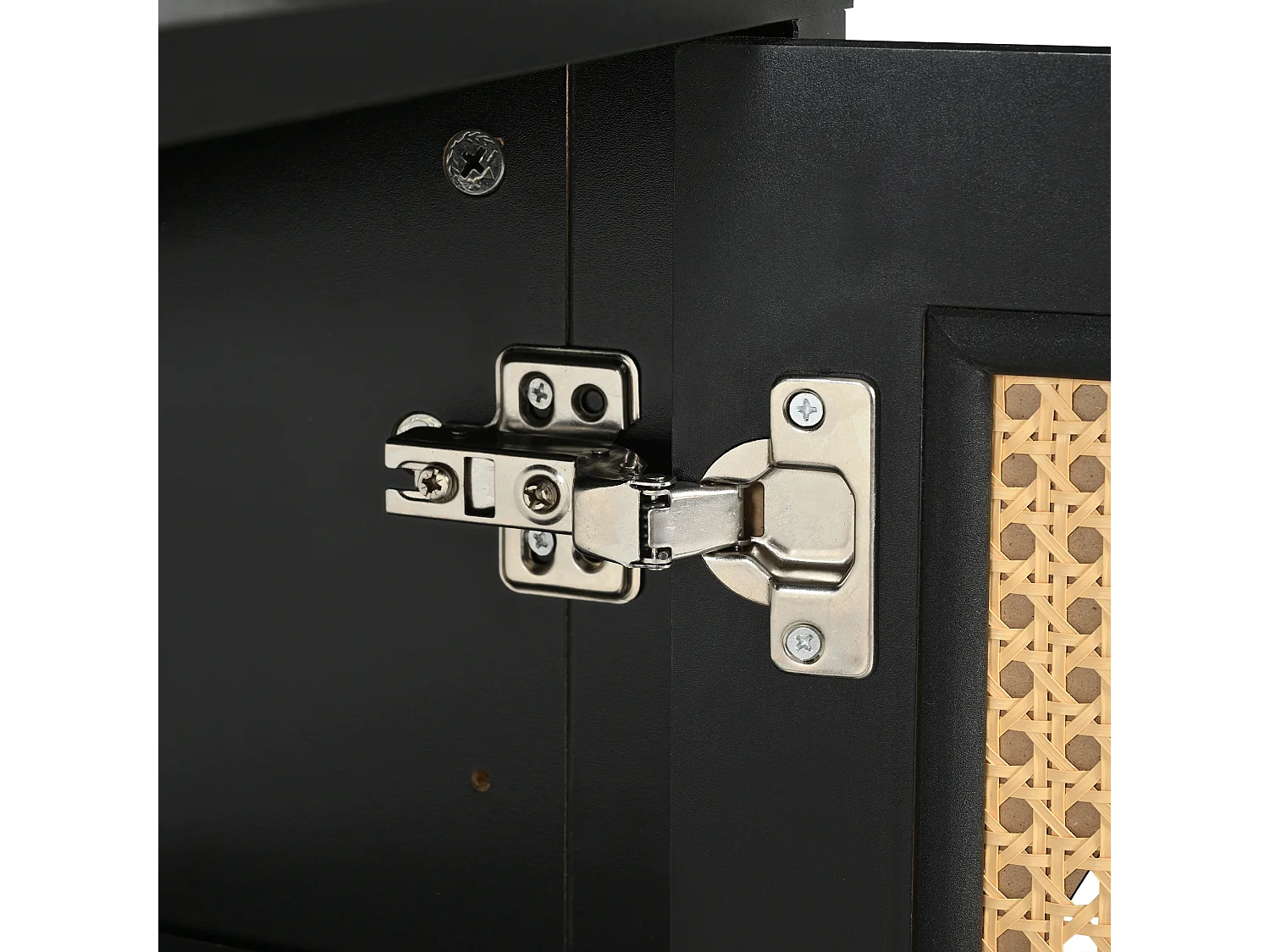 Schwarzes Sideboard mit 4 Rattantüren und verstellbaren Einlegeböden, Metallgriffe, für Wohn- und Esszimmer