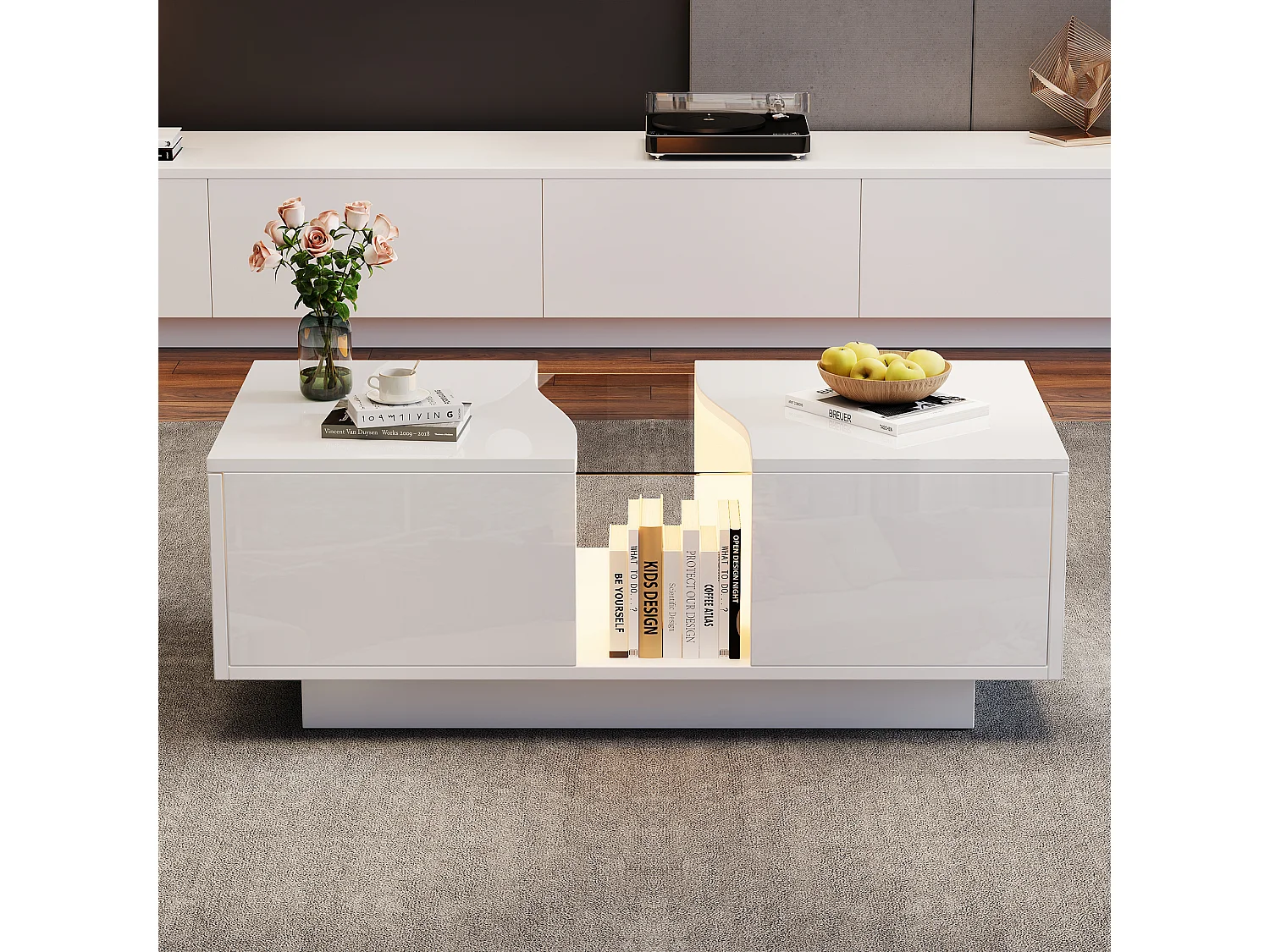 Table basse rectangulaire, Table basse blanche avec éclairage LED et 2 tiroirs, Matériau MDF, pour salon et chambre