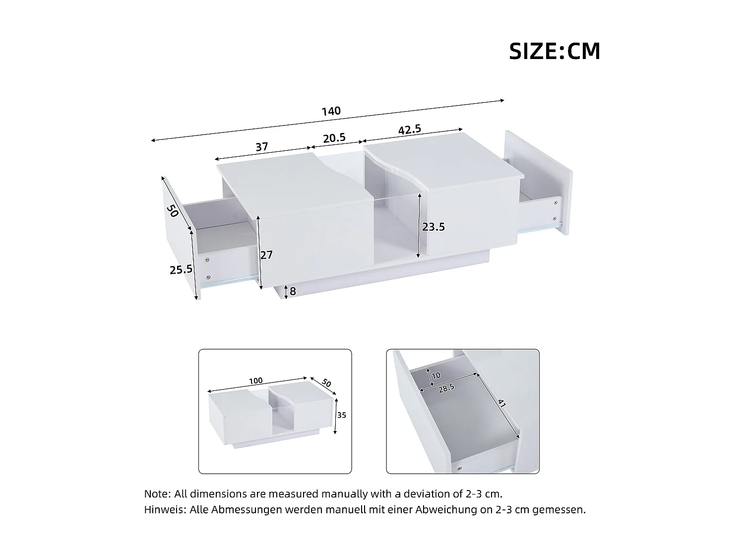 Table basse rectangulaire, Table basse blanche avec éclairage LED et 2 tiroirs, Matériau MDF, pour salon et chambre