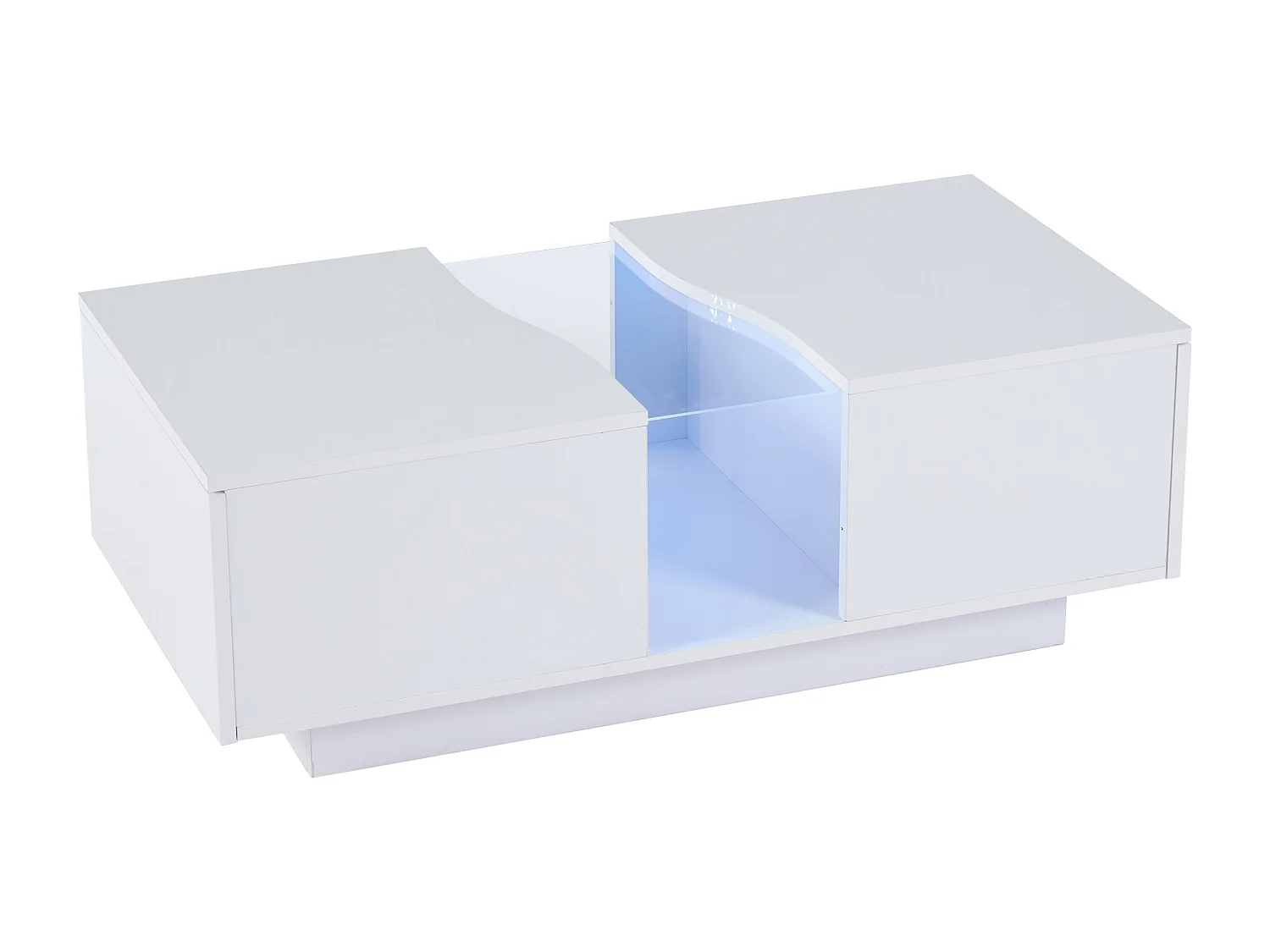 Table basse rectangulaire, Table basse blanche avec éclairage LED et 2 tiroirs, Matériau MDF, pour salon et chambre