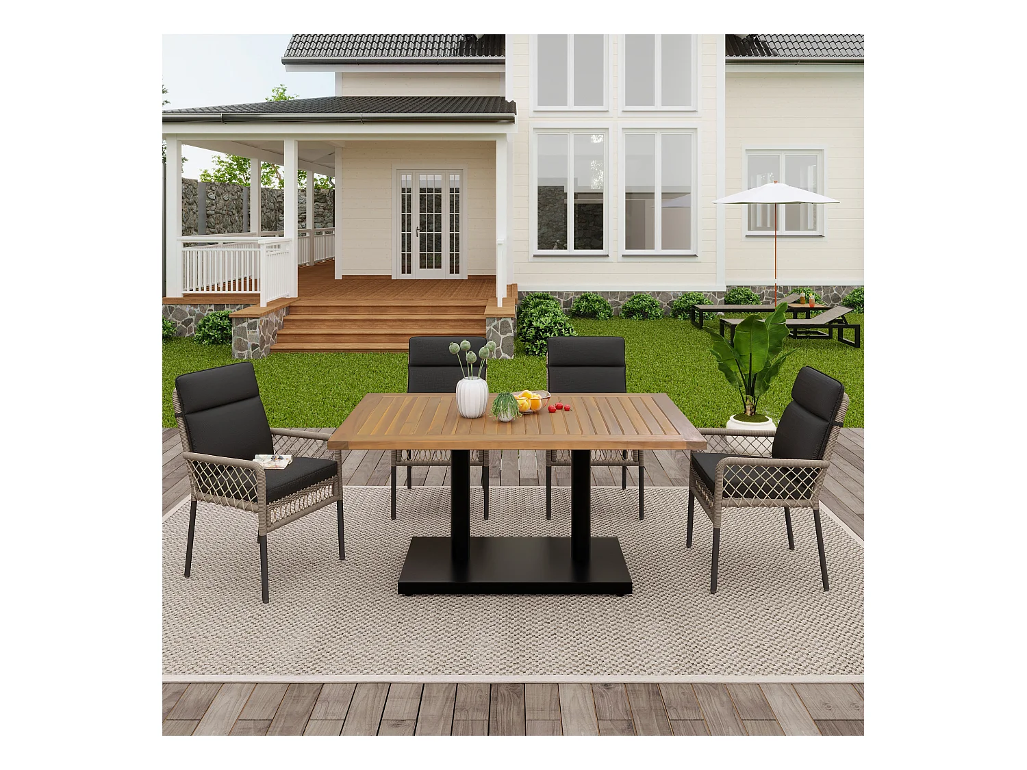 Lot de 5 ensembles de salle à manger, 1 table en bois et 4 chaises en rotin noir PE, pour jardin et cour