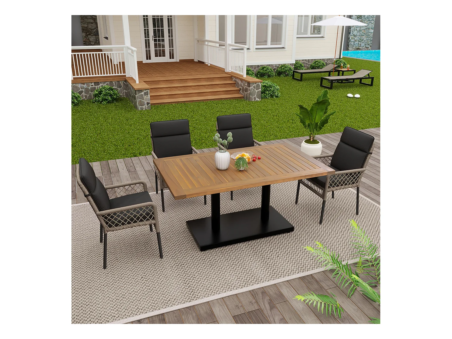 5er-Set Essgruppen, 1 Holztisch und 4 schwarze PE-Rattanstühle, für Garten und Hof