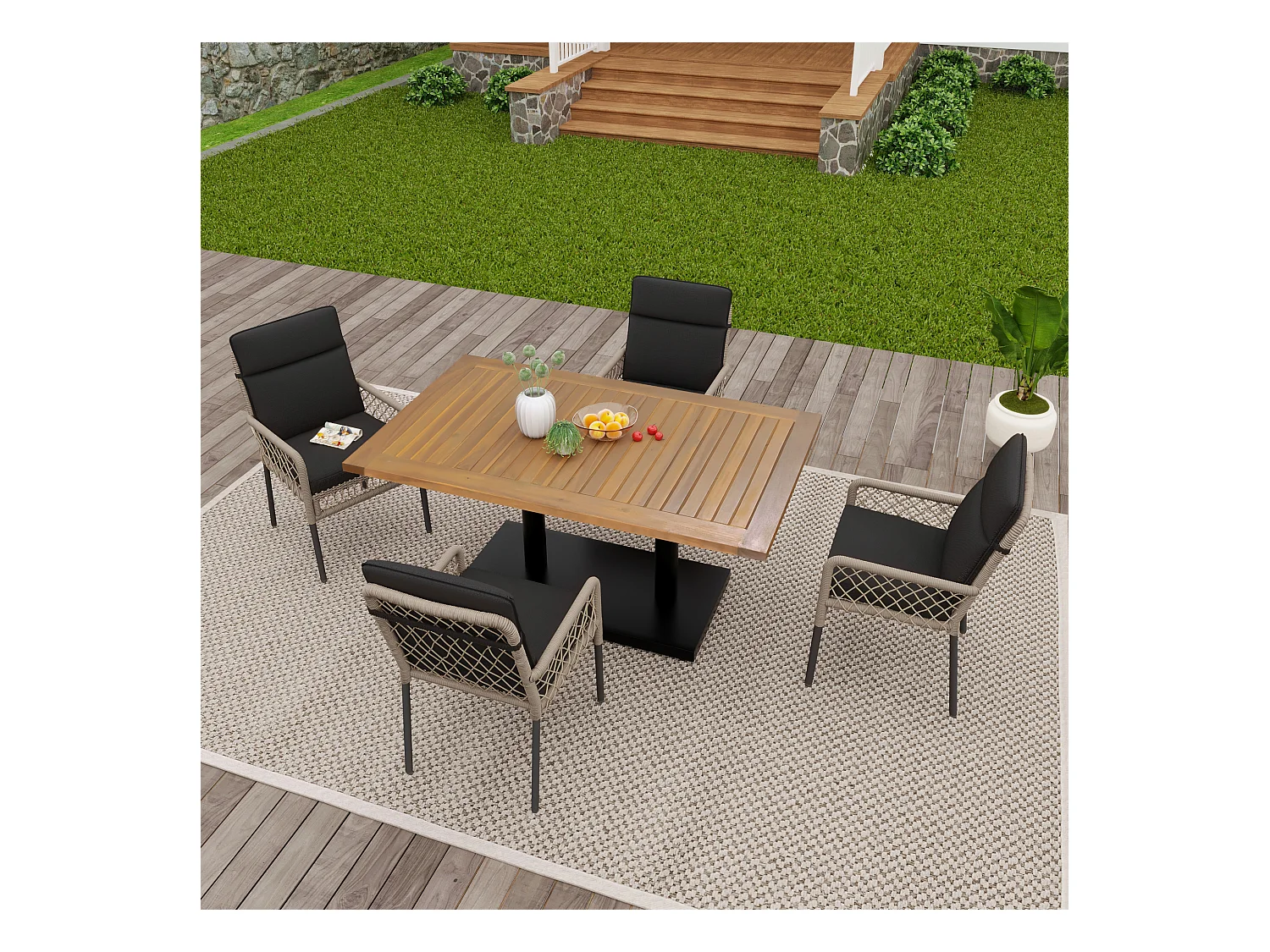5er-Set Essgruppen, 1 Holztisch und 4 schwarze PE-Rattanstühle, für Garten und Hof