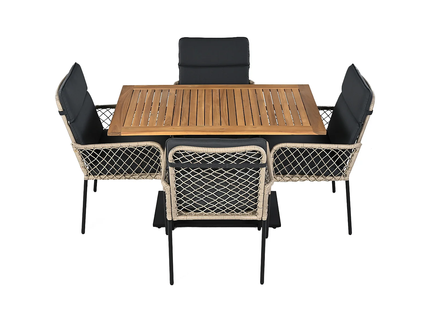 5er-Set Essgruppen, 1 Holztisch und 4 schwarze PE-Rattanstühle, für Garten und Hof