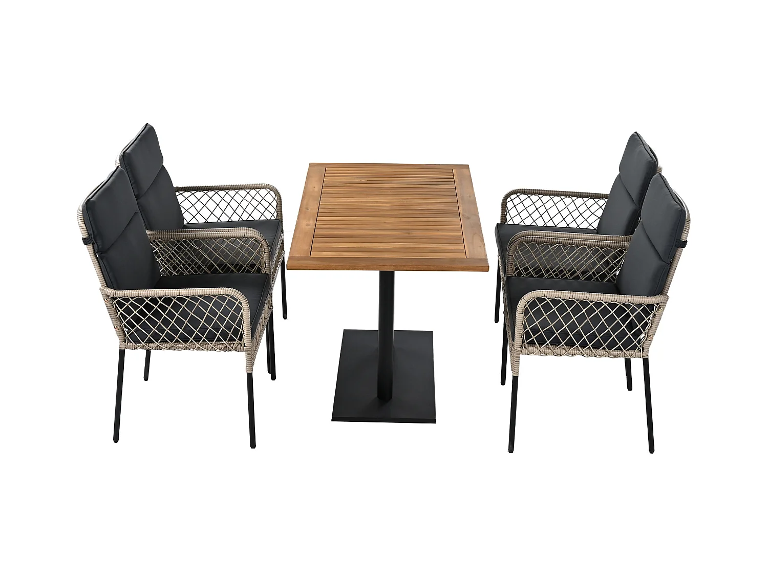 5er-Set Essgruppen, 1 Holztisch und 4 schwarze PE-Rattanstühle, für Garten und Hof