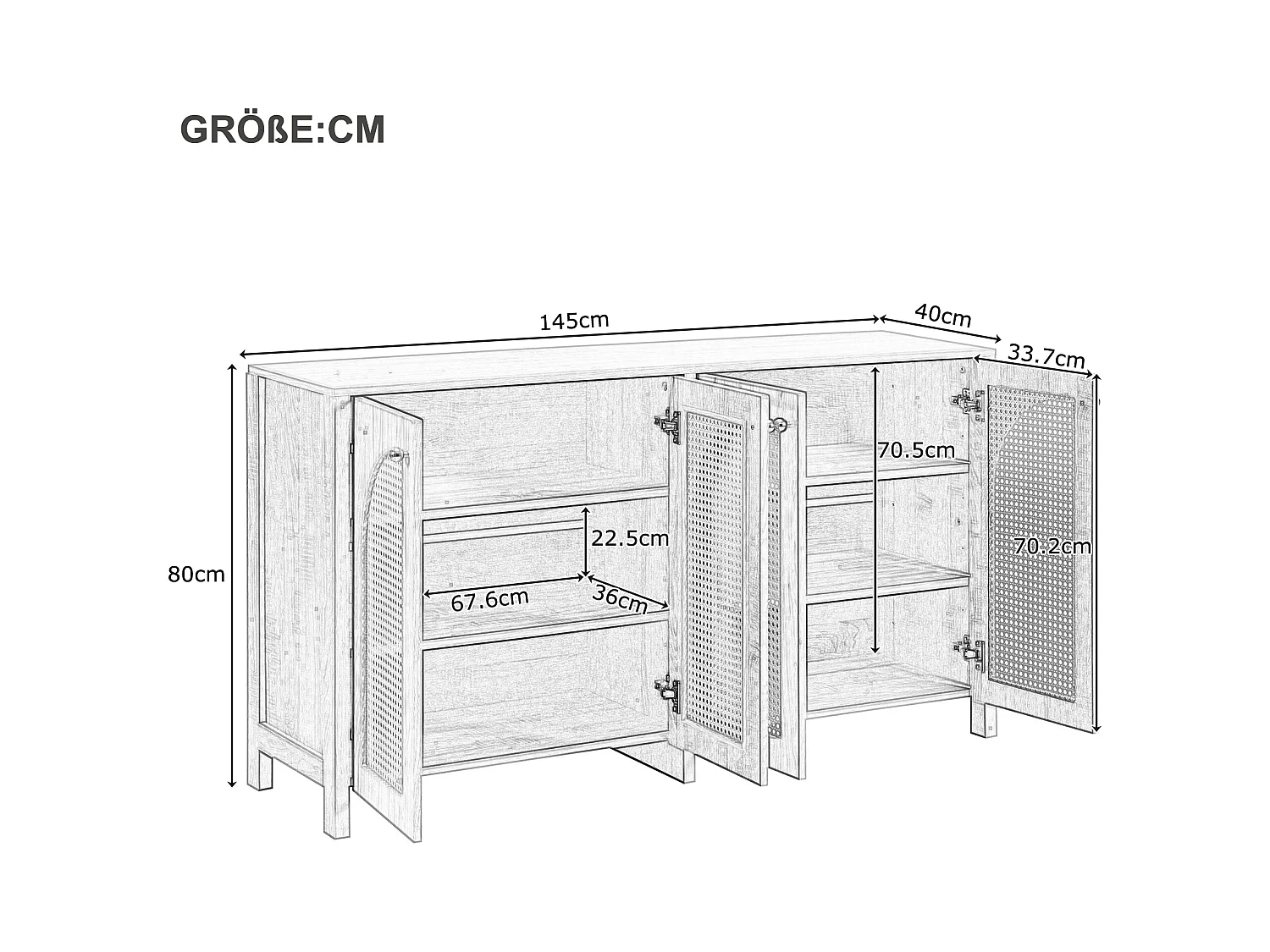 Buffet beige avec 4 portes en rotin et étagères réglables, 140x80x40 cm
