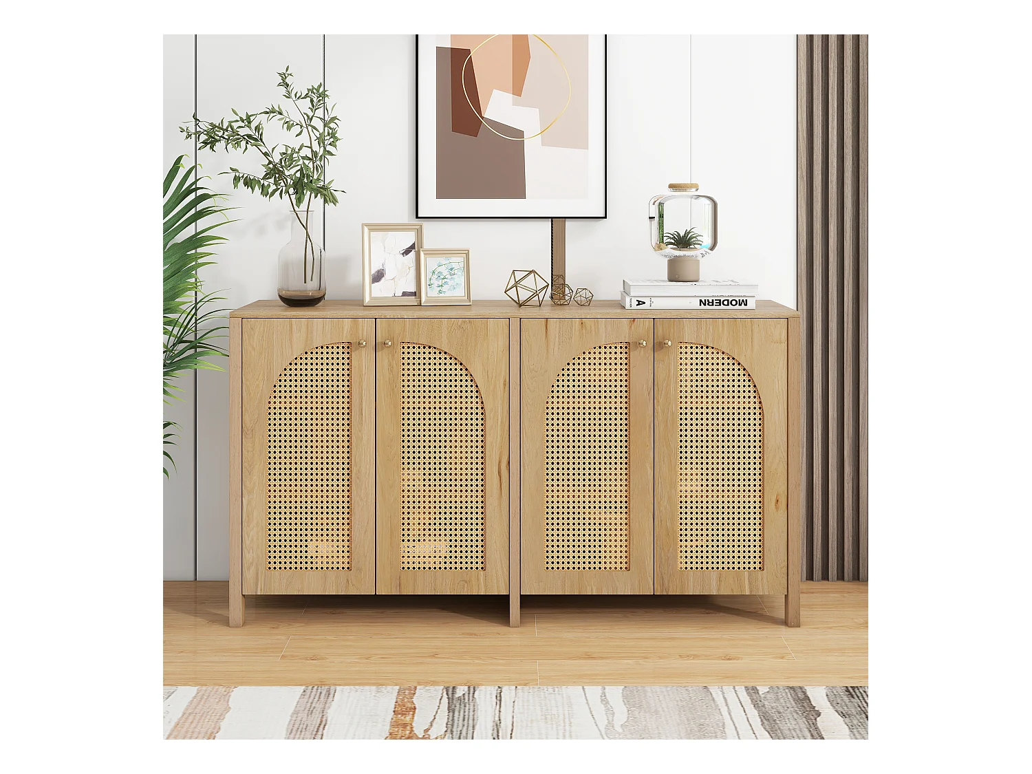 Buffet beige avec 4 portes en rotin et étagères réglables, 140x80x40 cm