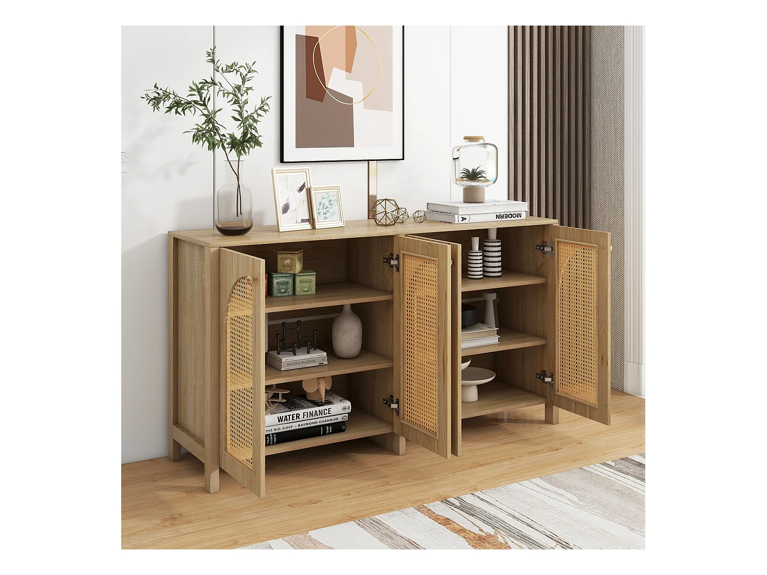 Holzfarbenes Sideboard mit 4 Rattantüren und verstellbaren Einlegeböden, Metallgriffe, für Wohn- und Esszimmer