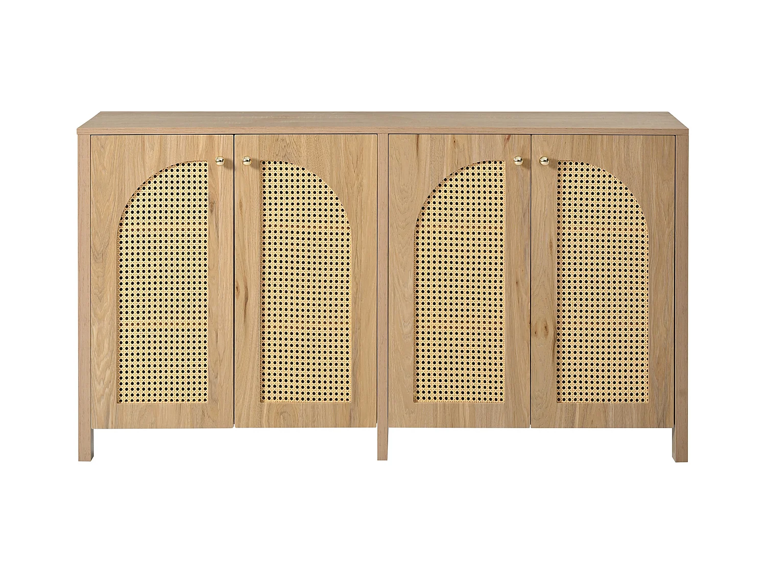 Holzfarbenes Sideboard mit 4 Rattantüren und verstellbaren Einlegeböden, Metallgriffe, für Wohn- und Esszimmer