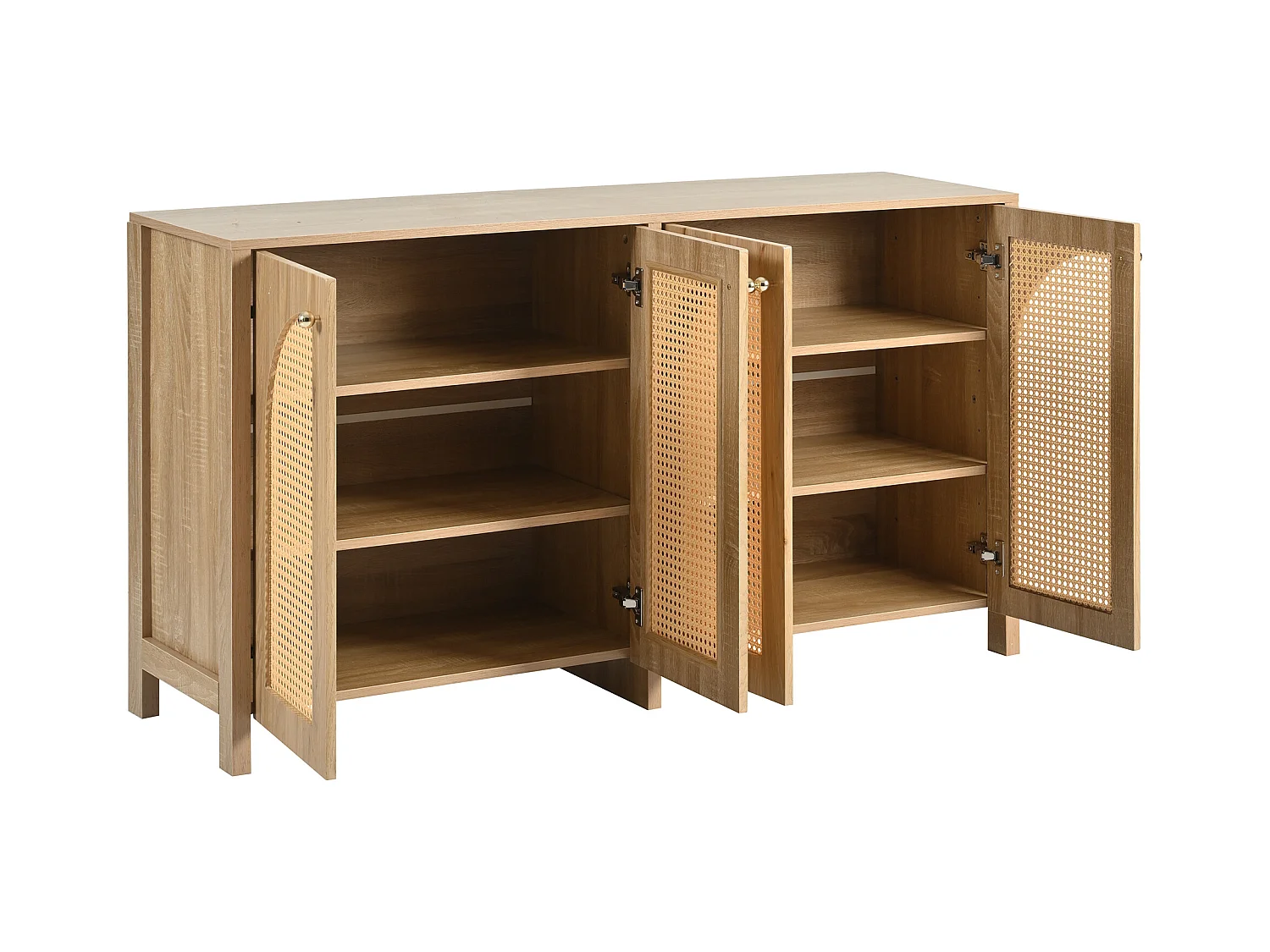 Holzfarbenes Sideboard mit 4 Rattantüren und verstellbaren Einlegeböden, Metallgriffe, für Wohn- und Esszimmer