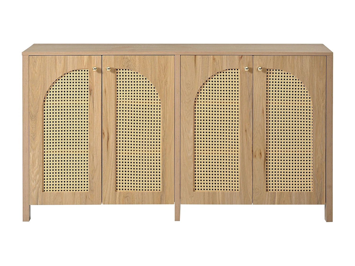 Buffet beige avec 4 portes en rotin et étagères réglables, 140x80x40 cm