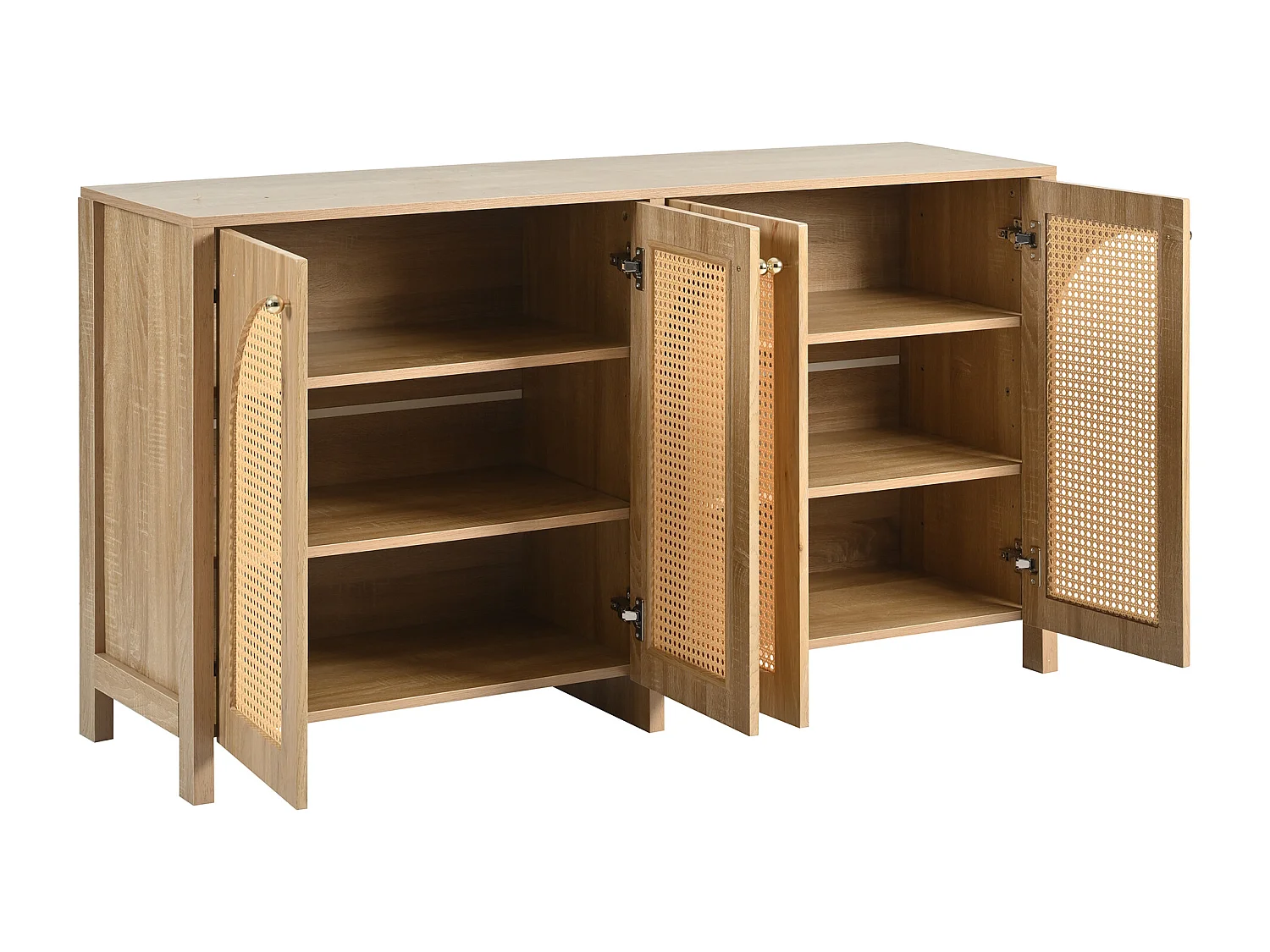 Buffet beige avec 4 portes en rotin et étagères réglables, 140x80x40 cm