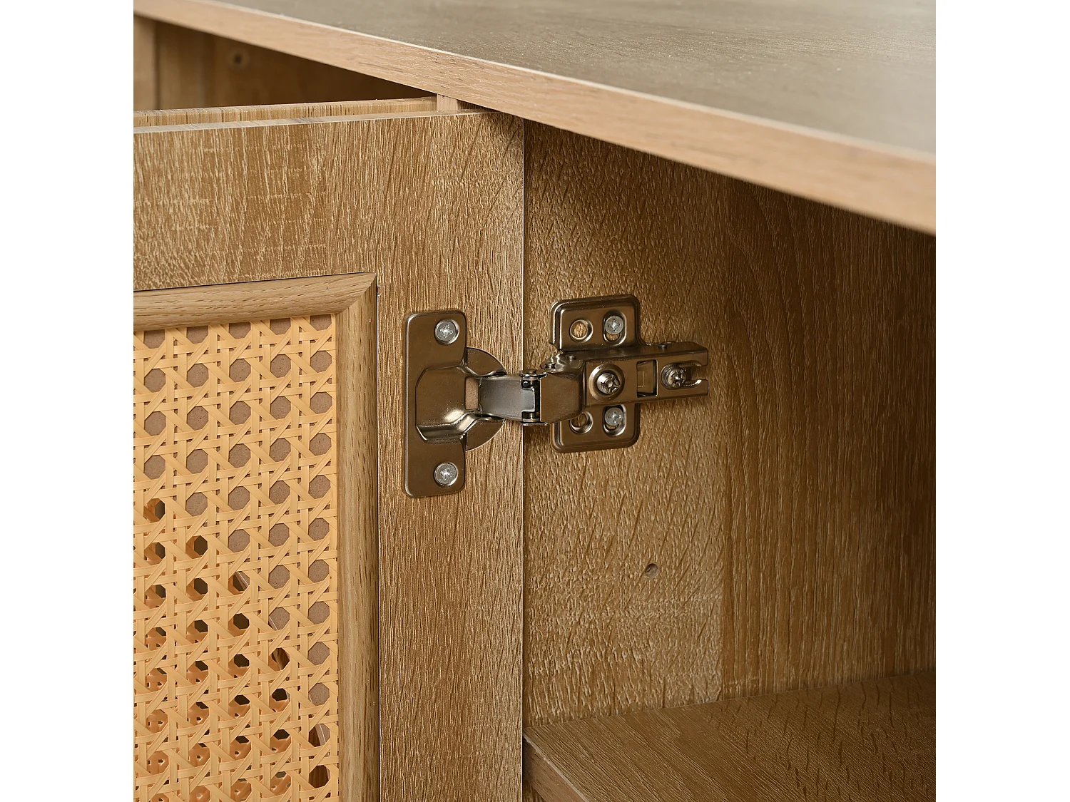 Buffet beige avec 4 portes en rotin et étagères réglables, 140x80x40 cm