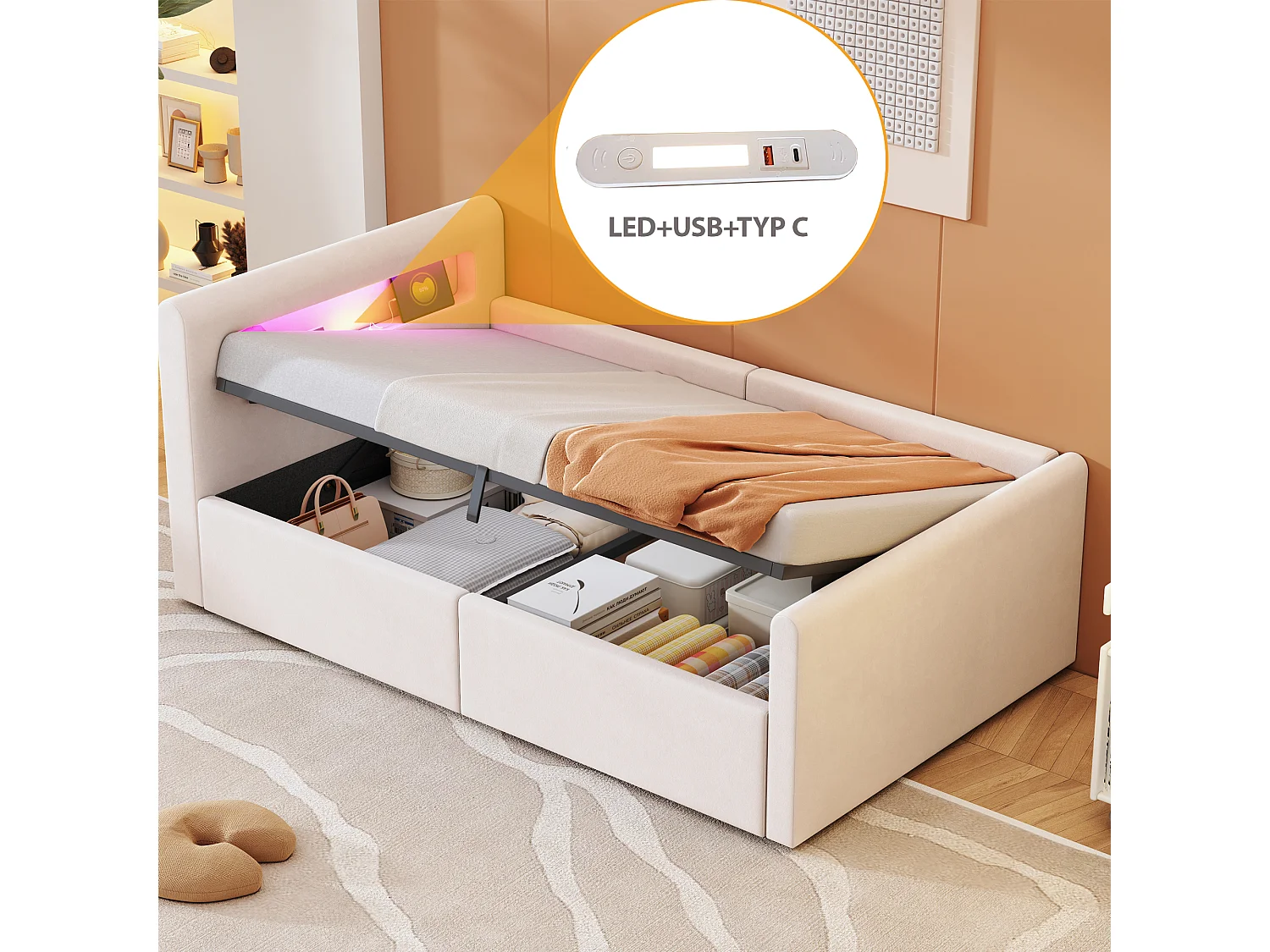 Lit coffre enfant 90x200 cm, velours beige, Lit simple avec LED et port USB, sans matelas