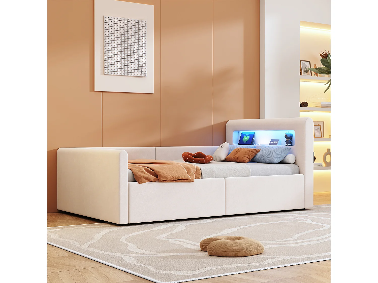 Lit coffre enfant 90x200 cm, velours beige, Lit simple avec LED et port USB, sans matelas