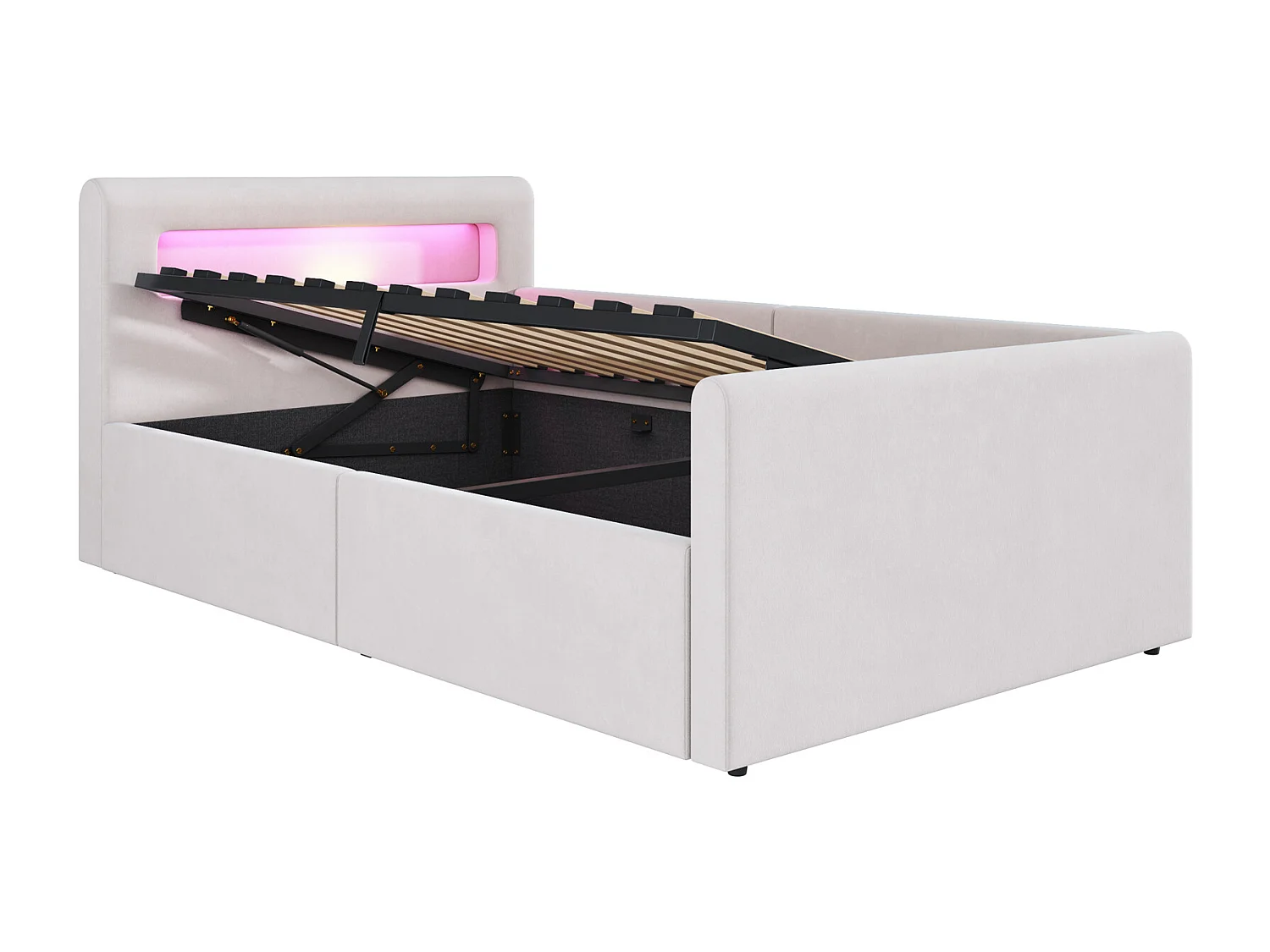 Lit coffre enfant 90x200 cm, velours beige, Lit simple avec LED et port USB, sans matelas