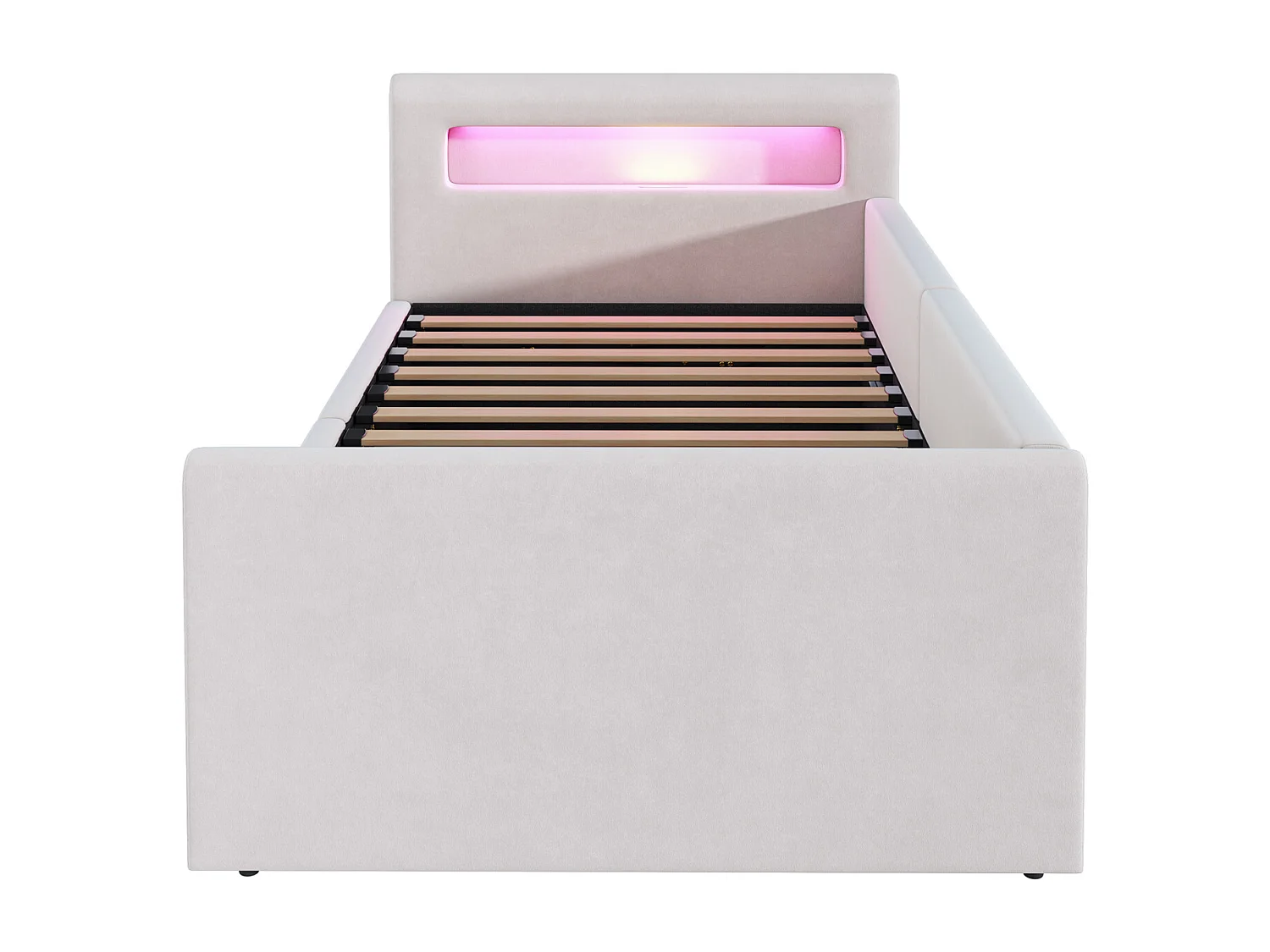 Lit coffre enfant 90x200 cm, velours beige, Lit simple avec LED et port USB, sans matelas
