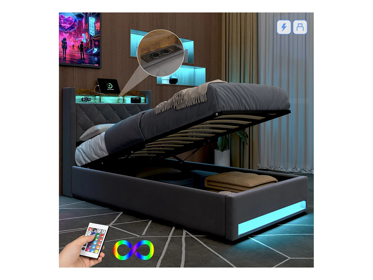 Lit coffre 90x190 cm, velours gris, Lit ado avec bande lumineuse LED et port de charge USB, sans matelas