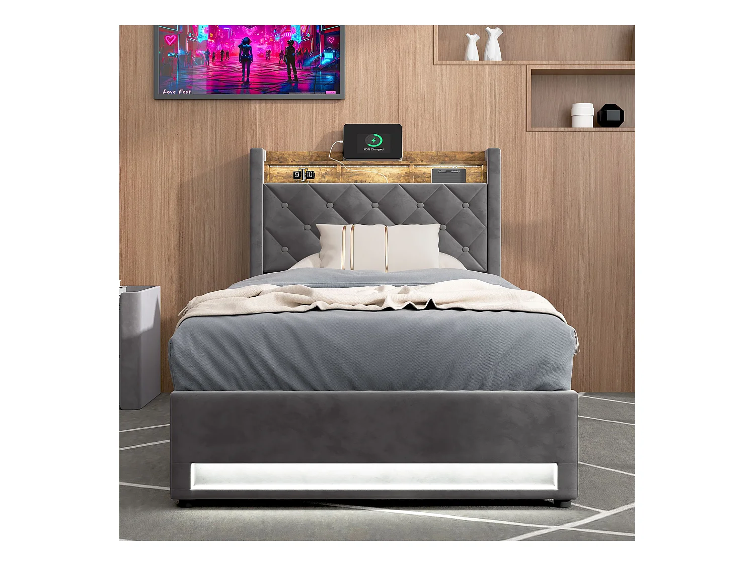 Lit coffre 90x190 cm, velours gris, Lit ado avec bande lumineuse LED et port de charge USB, sans matelas